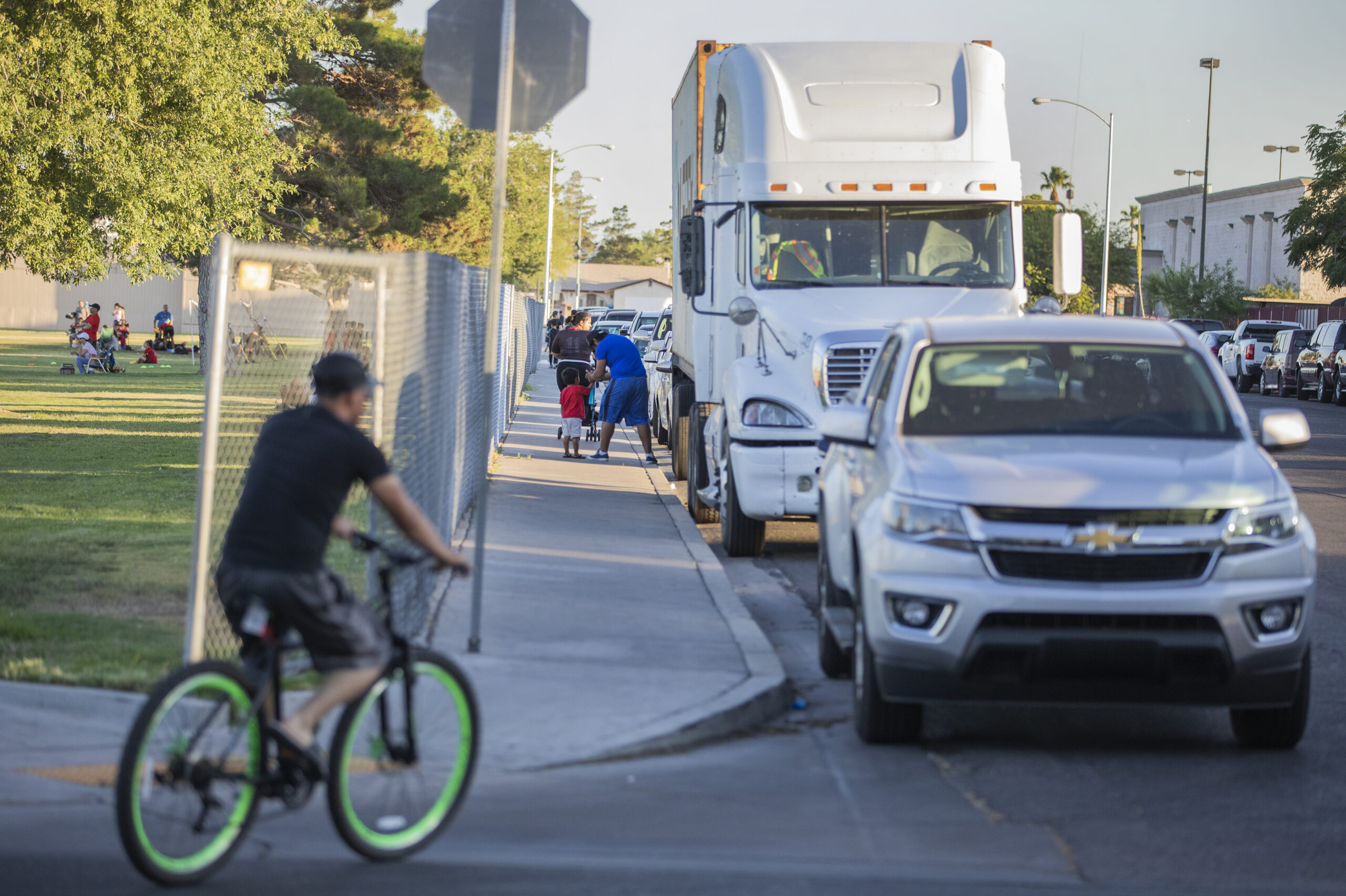 A semi-trailer truck parked near Cashman Park