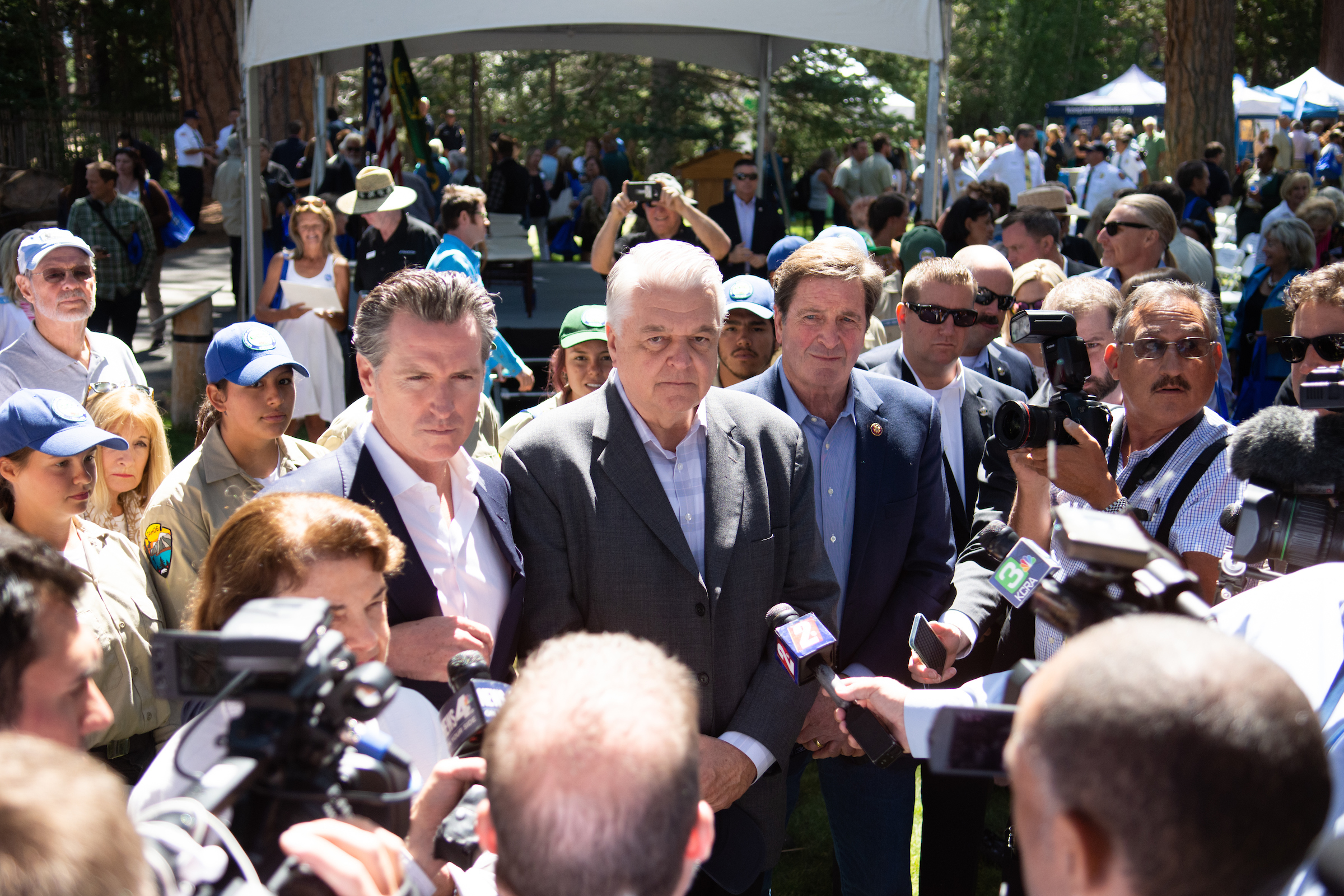 Gov. Gavin Newsom (D-Calif.), Gov. Steve Sisolak (D-Nev.) and Congressman John Garamendi (D-Calif.) answer questions after the Tahoe Summit