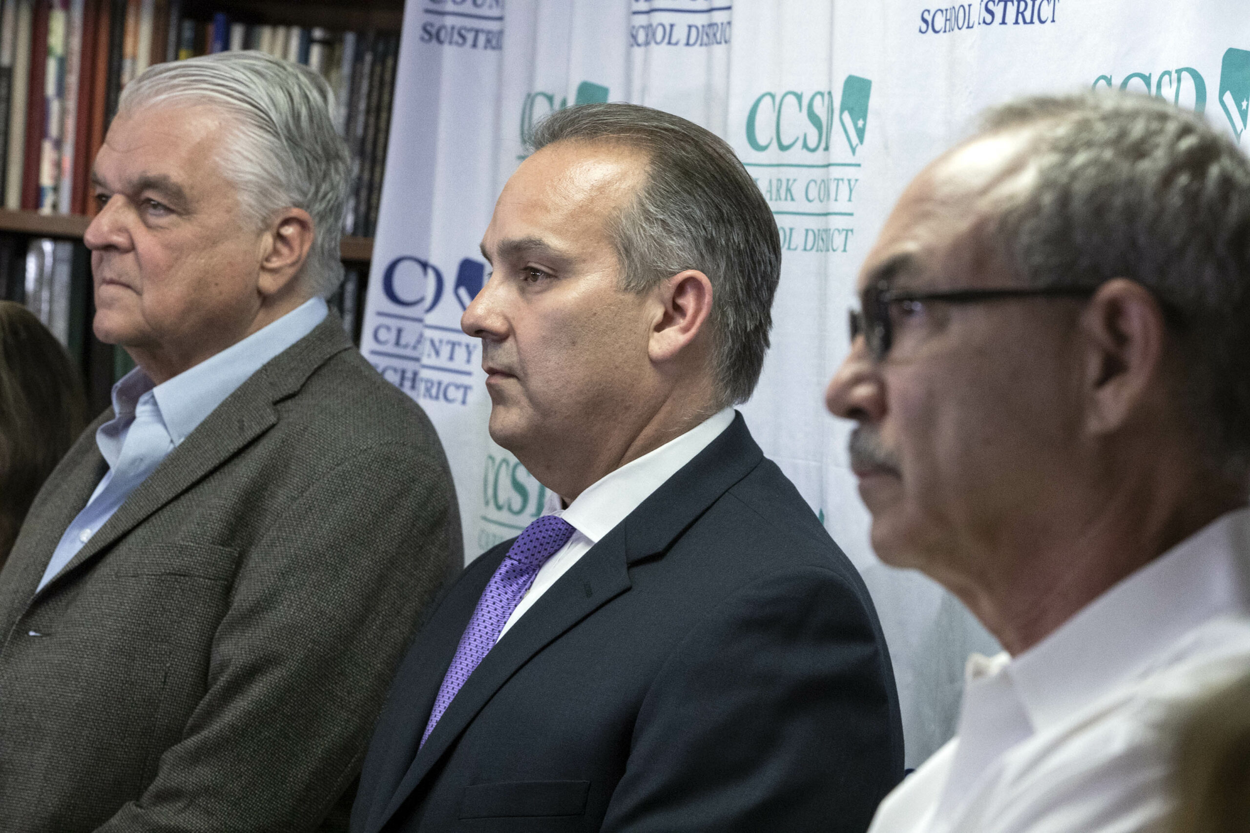 From left to right, Governor Steve Sisolak, Clark County Superintendent Jesus Jara and Clark County Education Association Executive Director John Vellardita seating in chairs