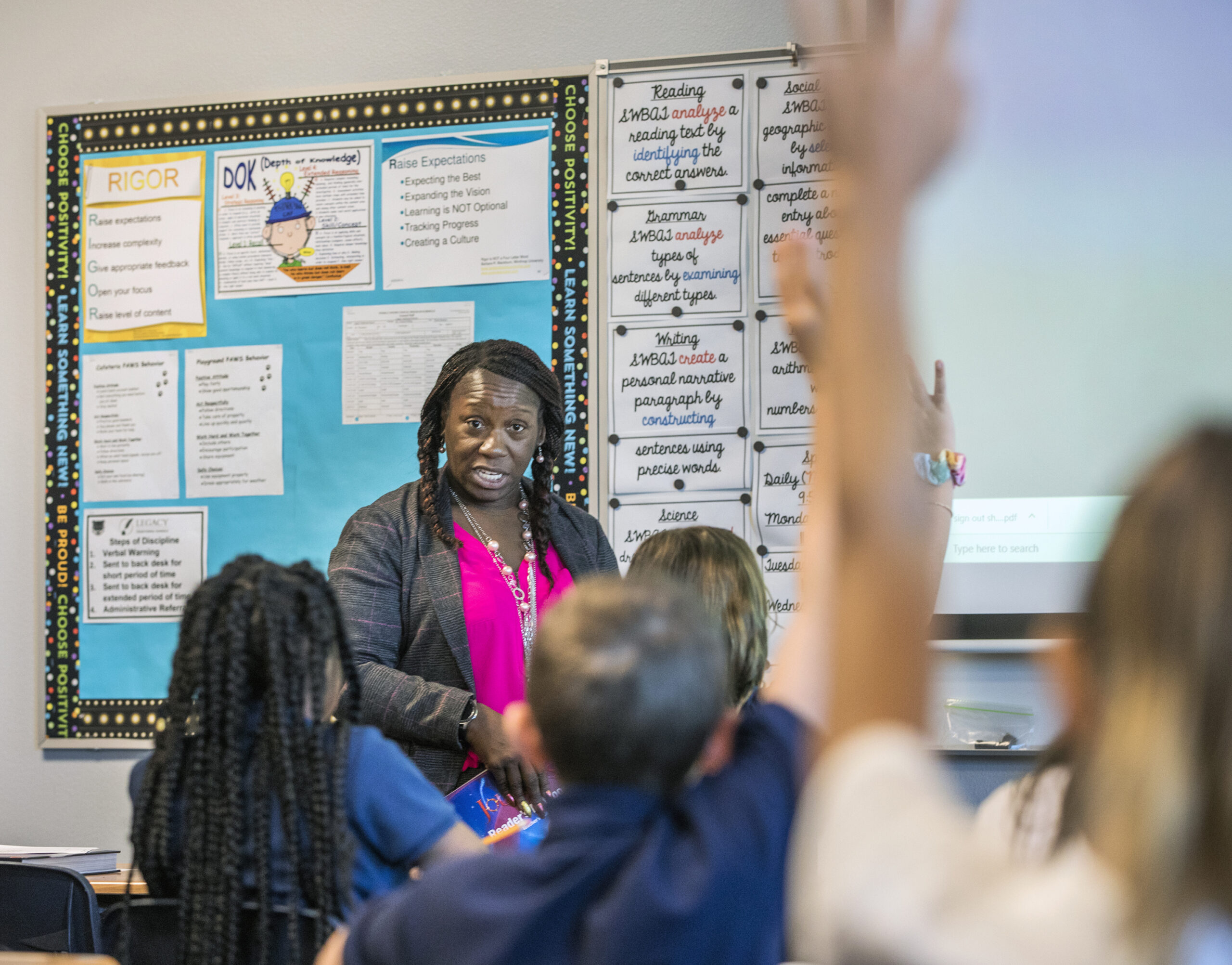 Tiffany Thompson, a sixth-grade teacher at Legacy Traditional School Southwest Las Vegas, teaches her class