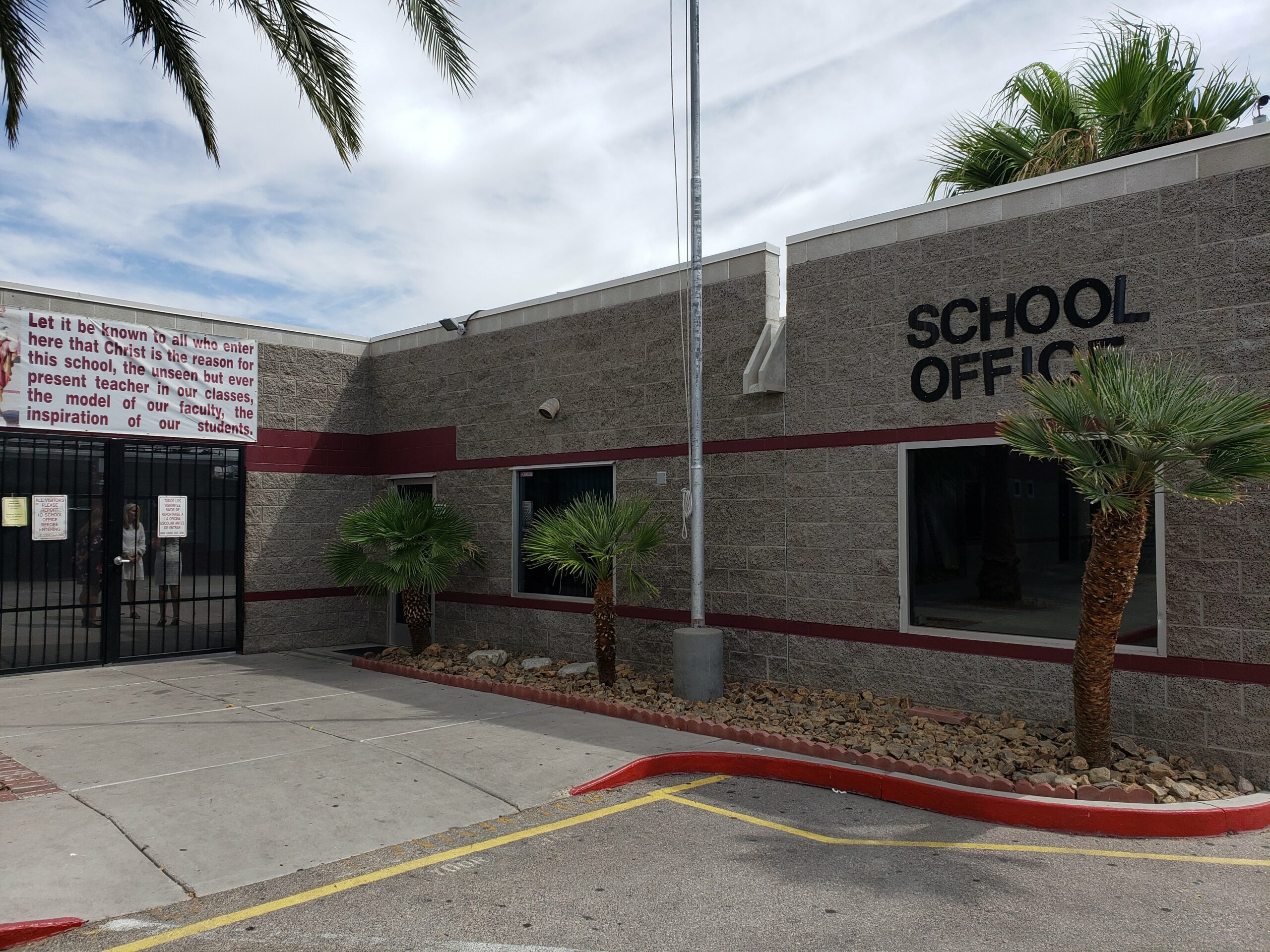 The front of the St. Christopher Catholic School building in Las Vegas