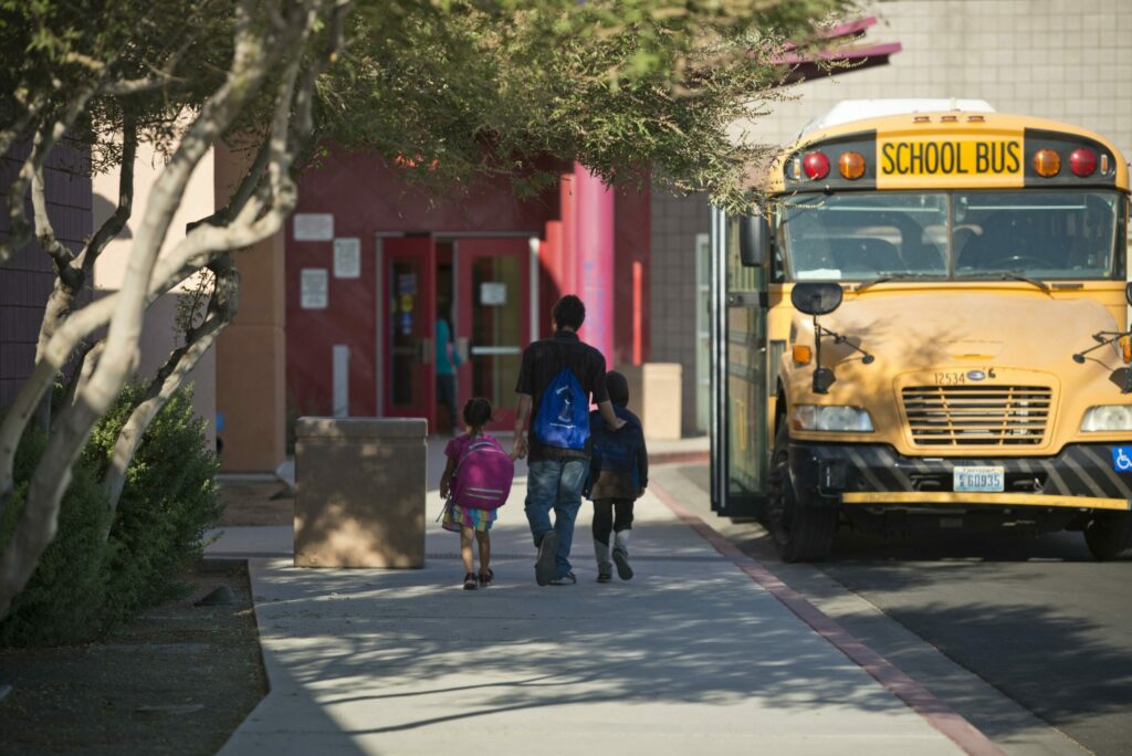 Students walk into J.E. Manch Elementary School in Las Vegas