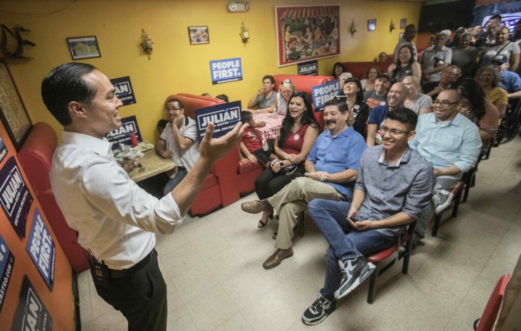 Presidential candidate Julian Castro, former secretary of Housing and Urban Development and mayor of San Antonio, Texas, speaks at San Salvador Restaurant