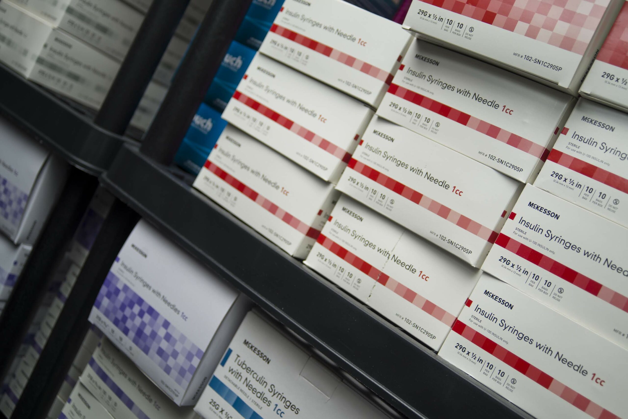 Boxes of needles as seen inside the storage room of Trac-B Exchange, a harm reduction center