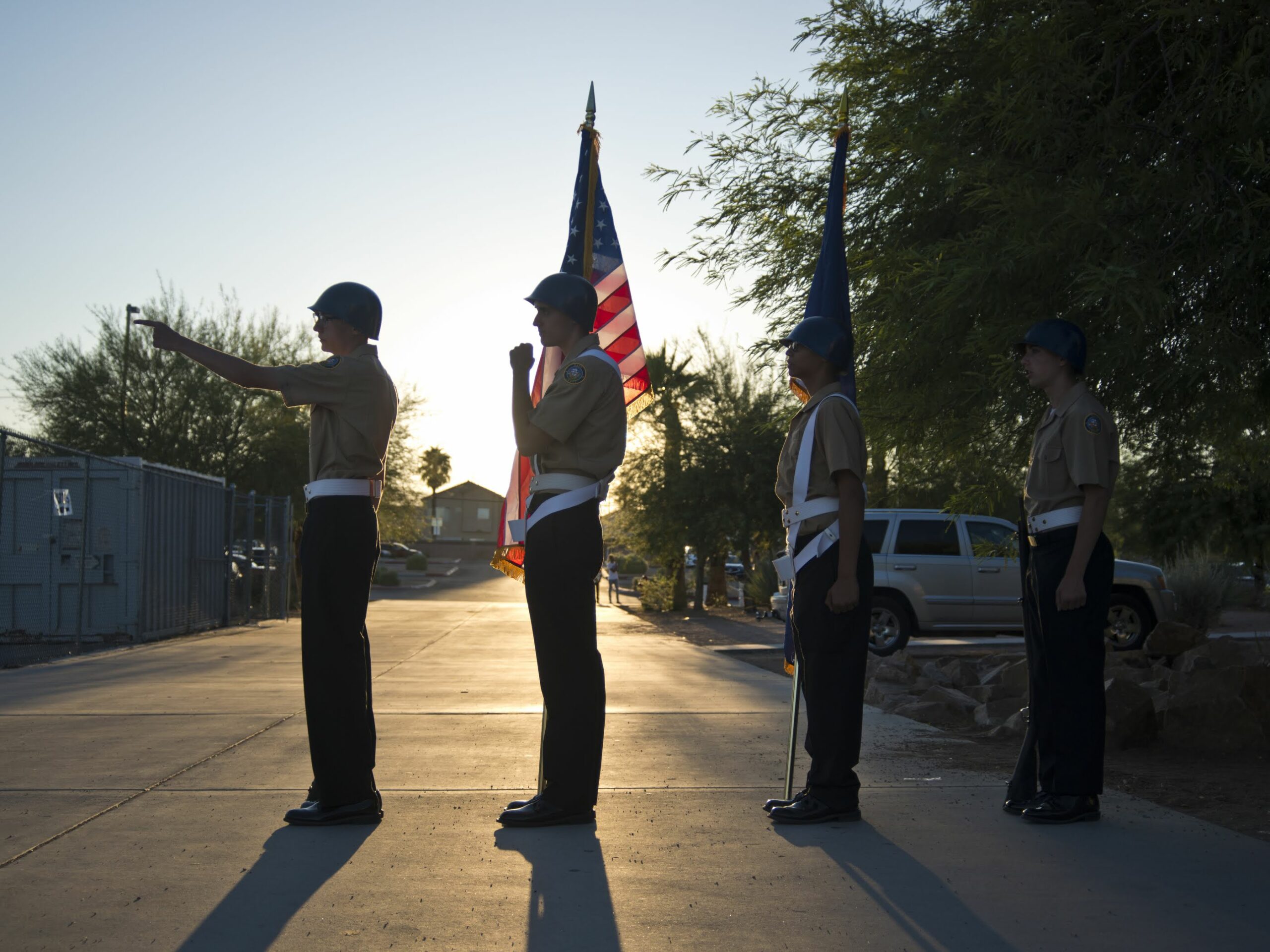 Members of the color guard line up before a football game at Spring Valley High School in Las Vegas