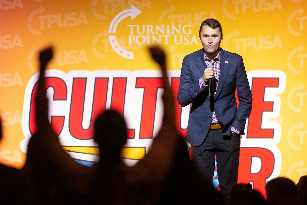 Protestors interrupt Charlie Kirk, founder of Turning Point USA, during his speech at the University of Nevada, Reno