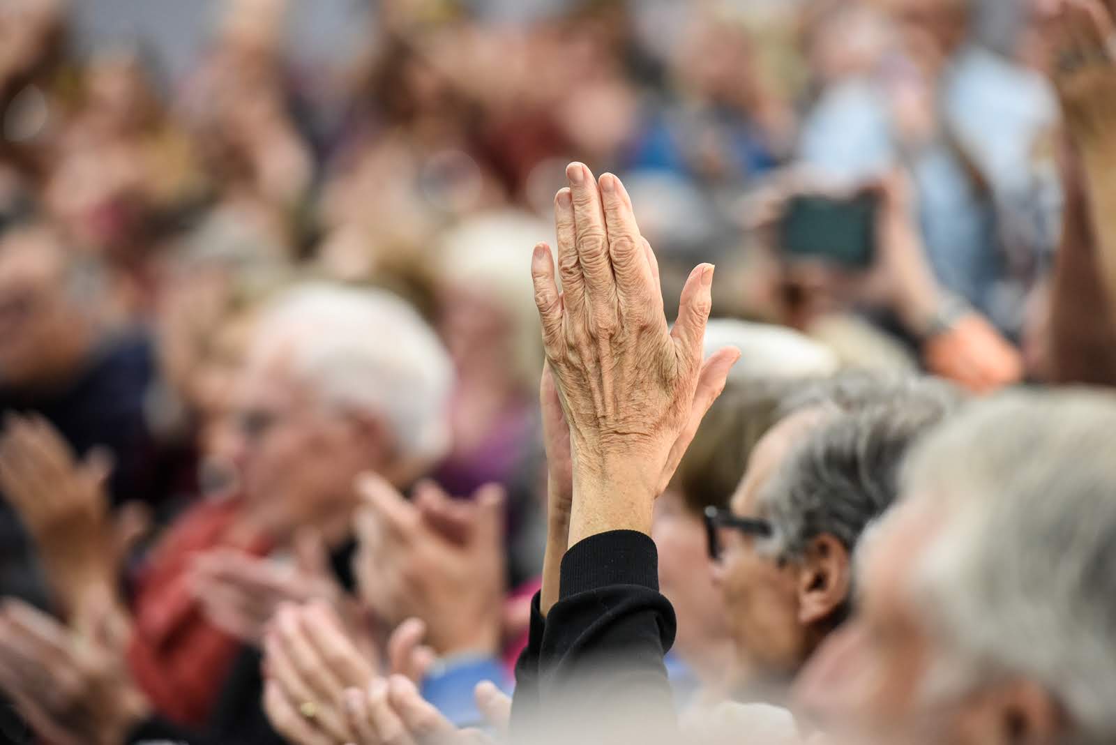 People applaud at Elizabeth Warren rally.