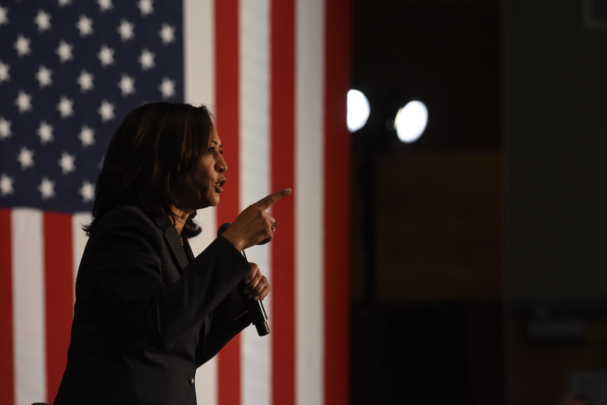 Kamala Harris speaks to a crowd at a Reno Town Hall event at UNR