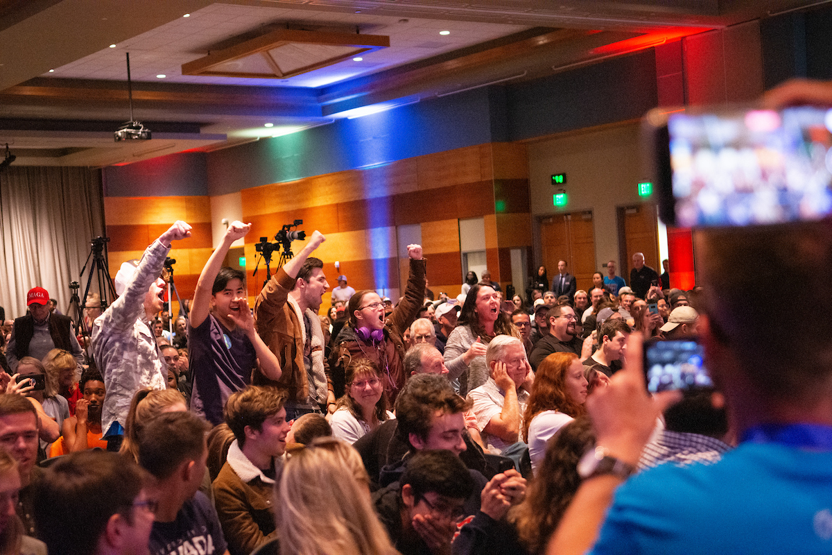 Protestors interrupt Charlie Kirk, founder of Turning Point USA, during his speech at the University of Nevada, Reno