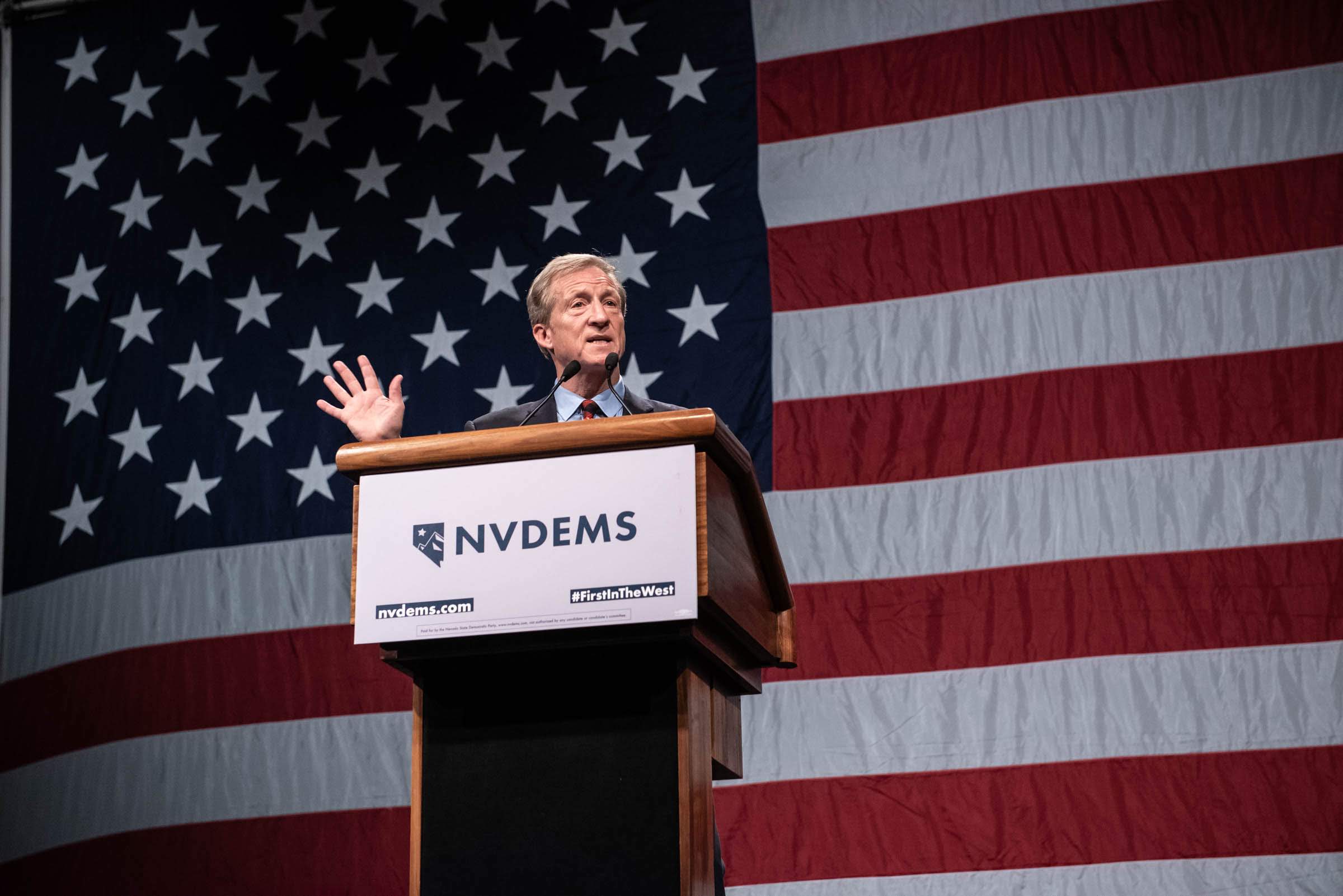 Tom Steyer speaks on stage at Nevada State Democratic Party dinner