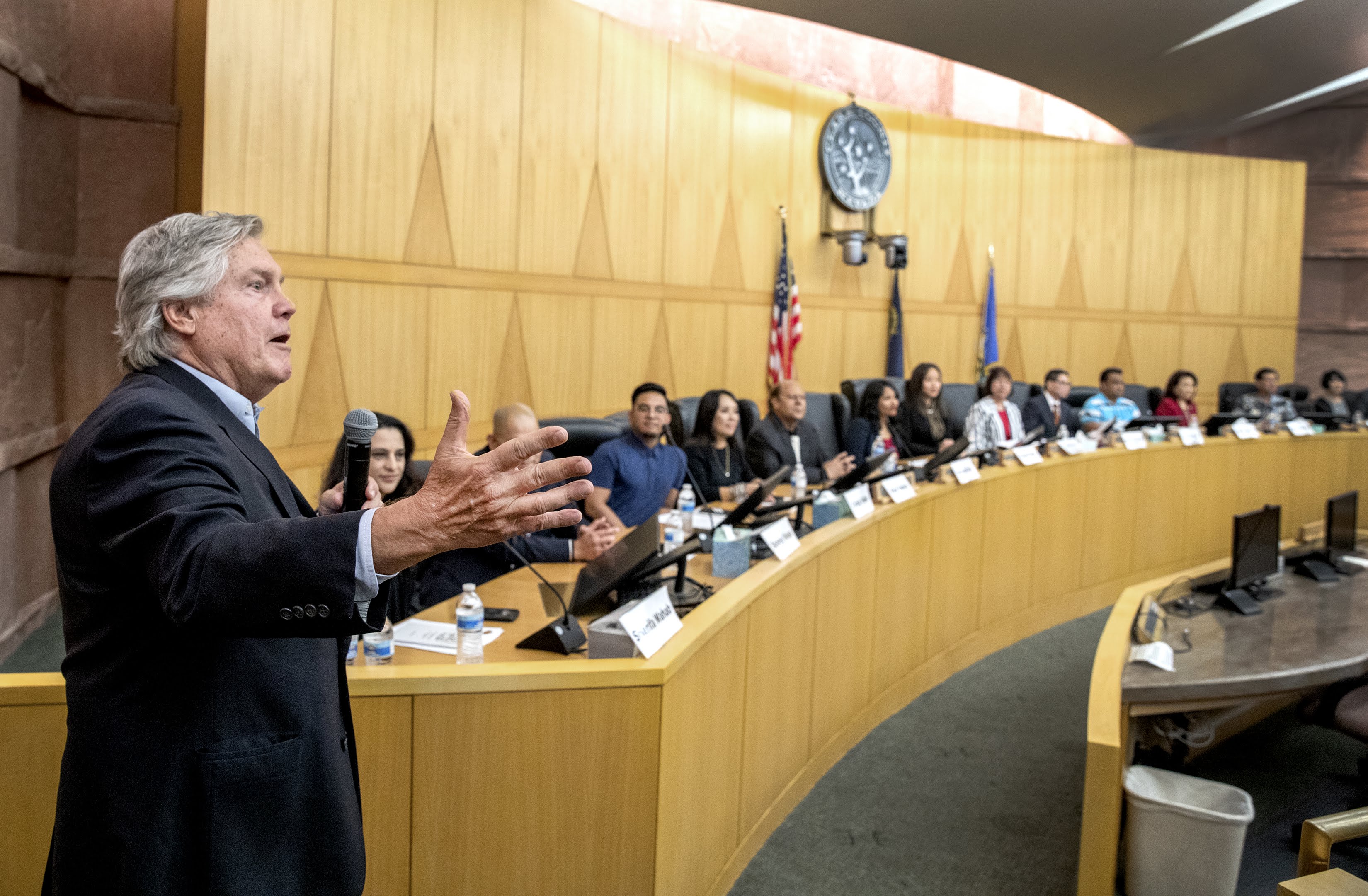 Clark County Commissioner Tick Segerblom speaks during the Asian-American Pacific Islanders Community Commission inaugural meeting at the Commission Chambers of the Clark County Government Center