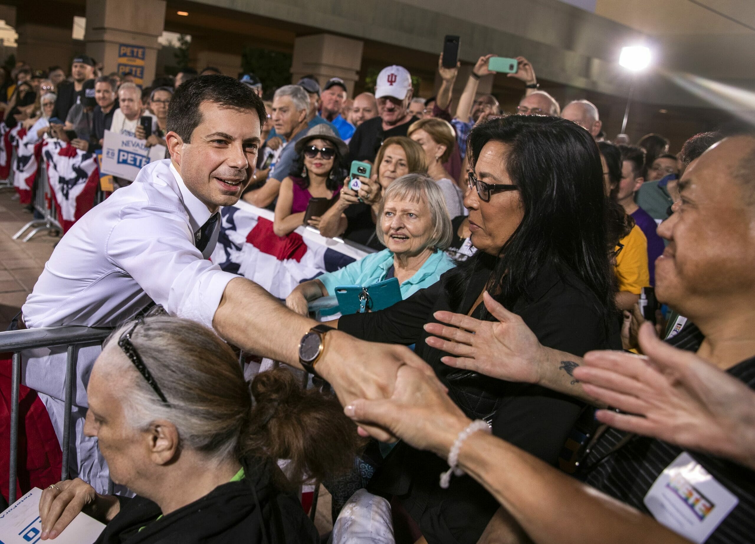 Pete Buttigieg shakes hands with supporters