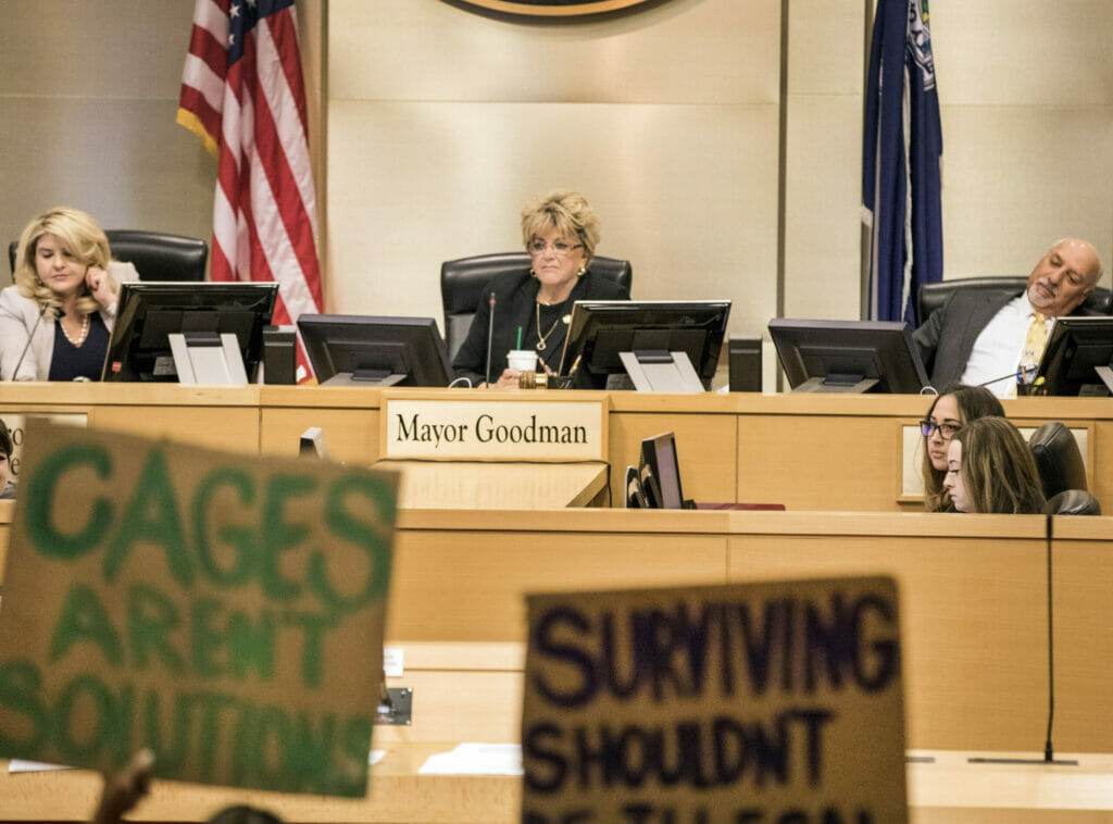 Protesters with signs at city council meeting