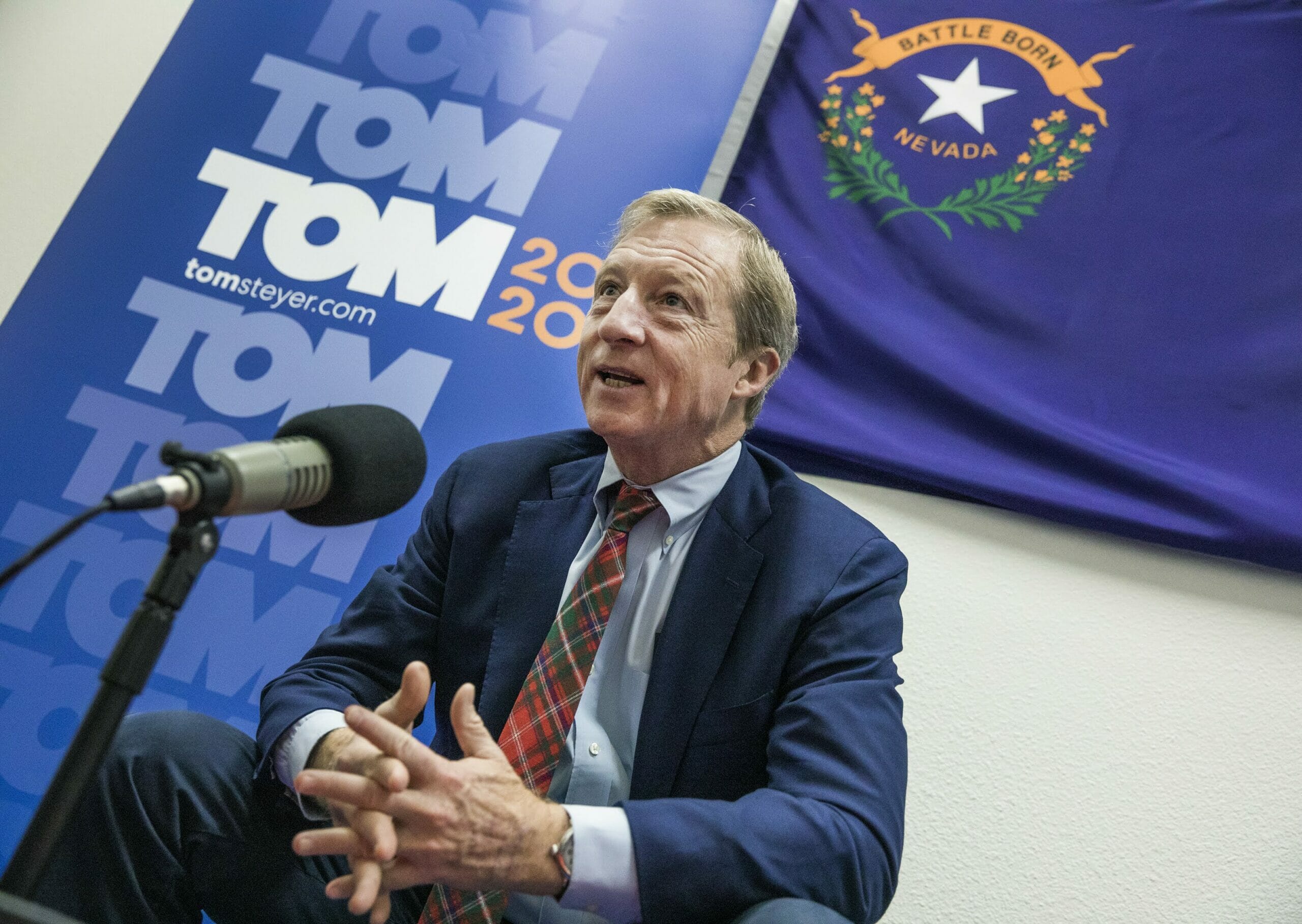 Tom Steyer is interviewed for a podcast