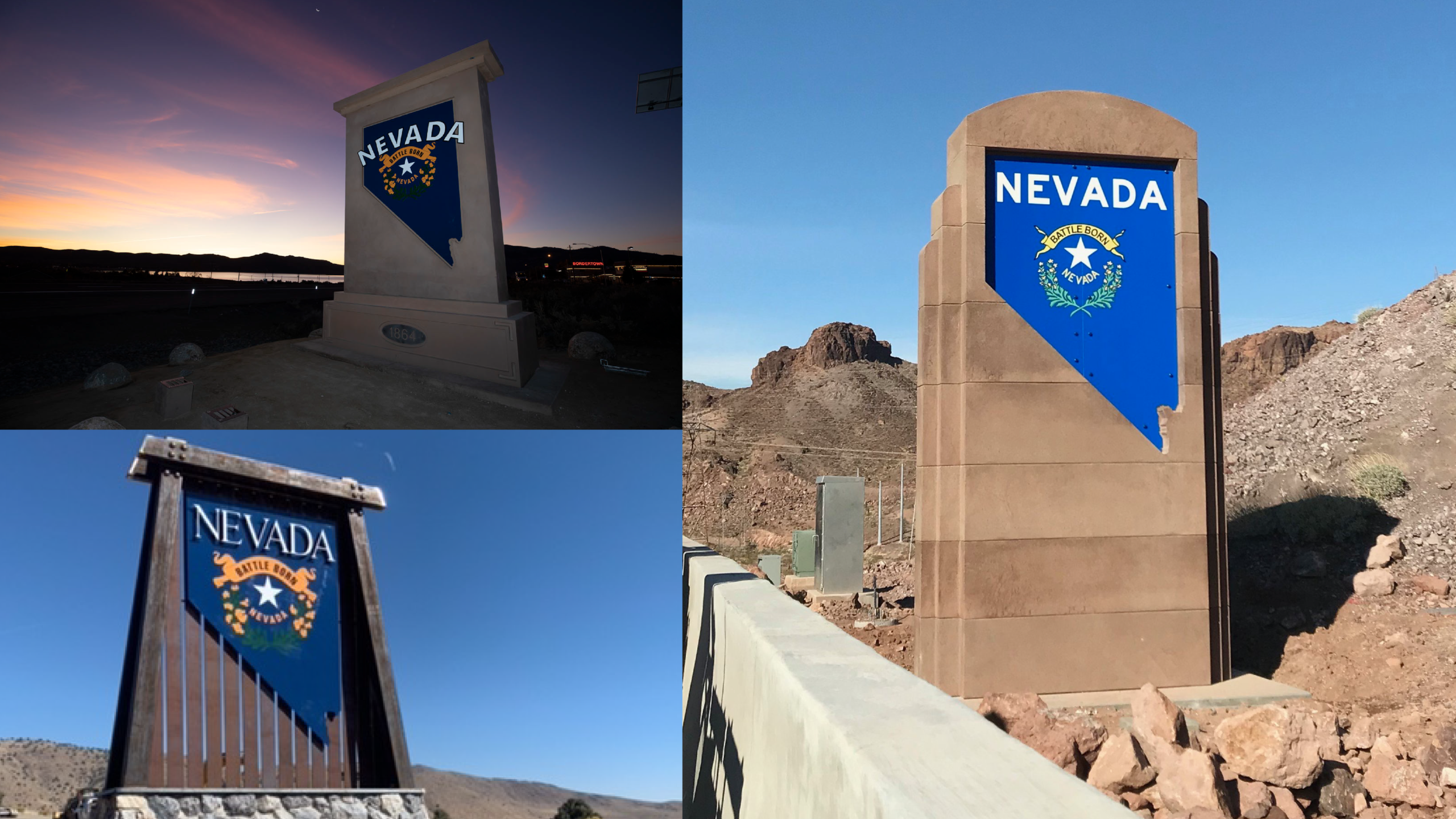 Three photos of new Welcome to Nevada signs