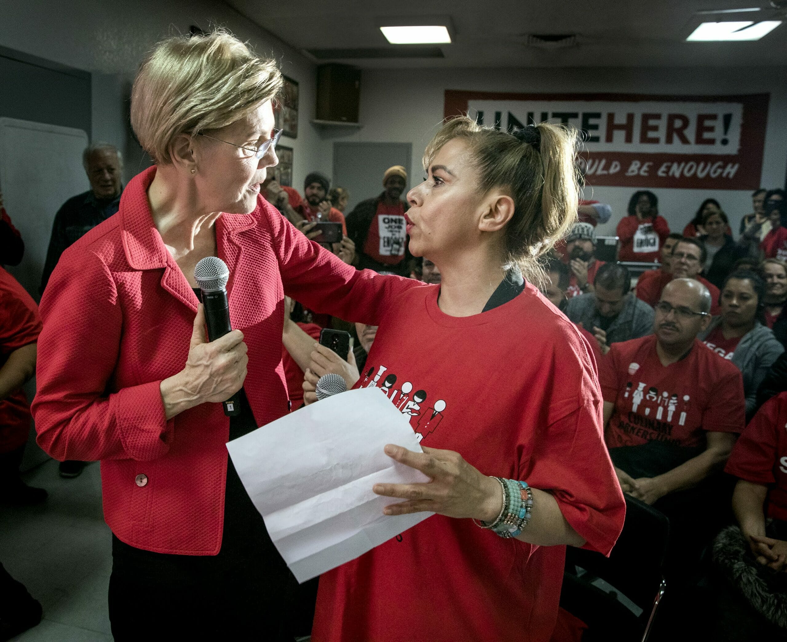 Warren in red with a union member