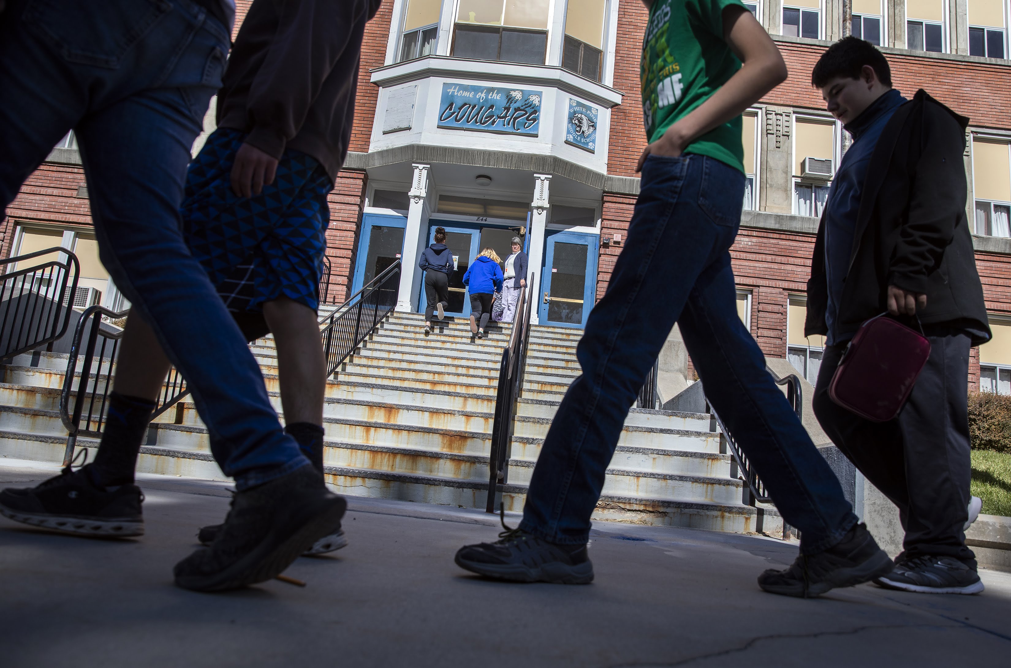 Students walk outside White Pine Middle School in Ely on Tuesday, Oct. 15, 2019.