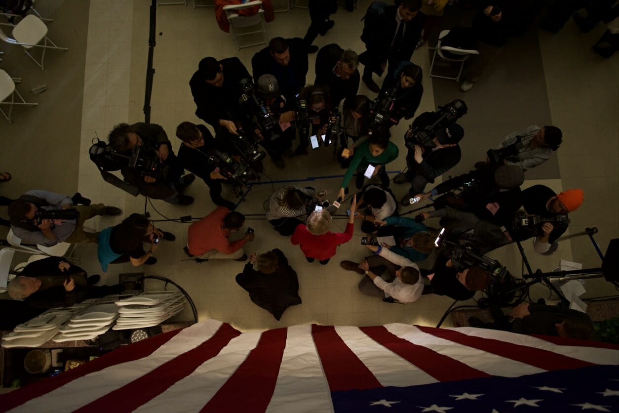 Elizabeth Warren speaks to reporters