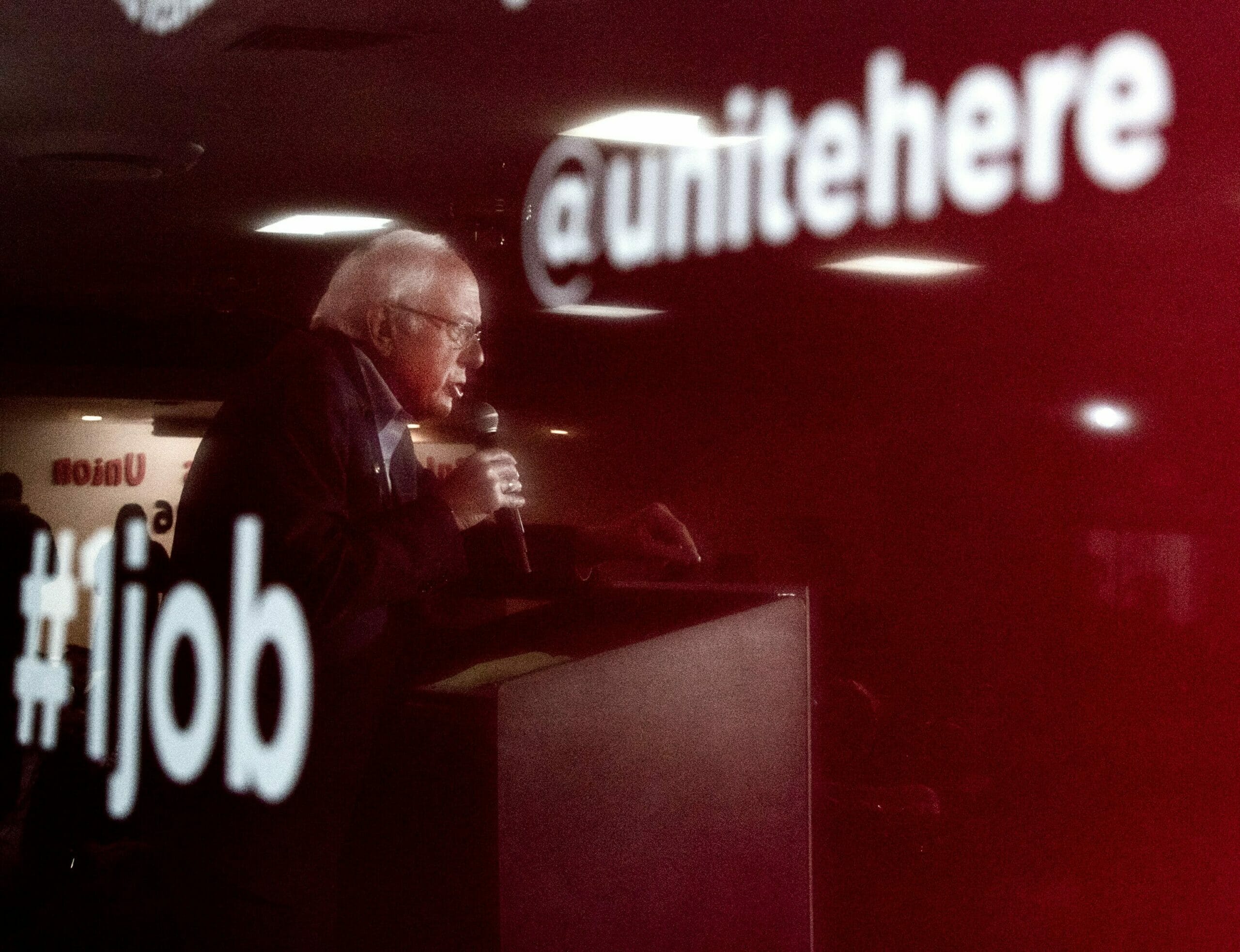 Bernie Sanders at the podium of a Culinary Union event