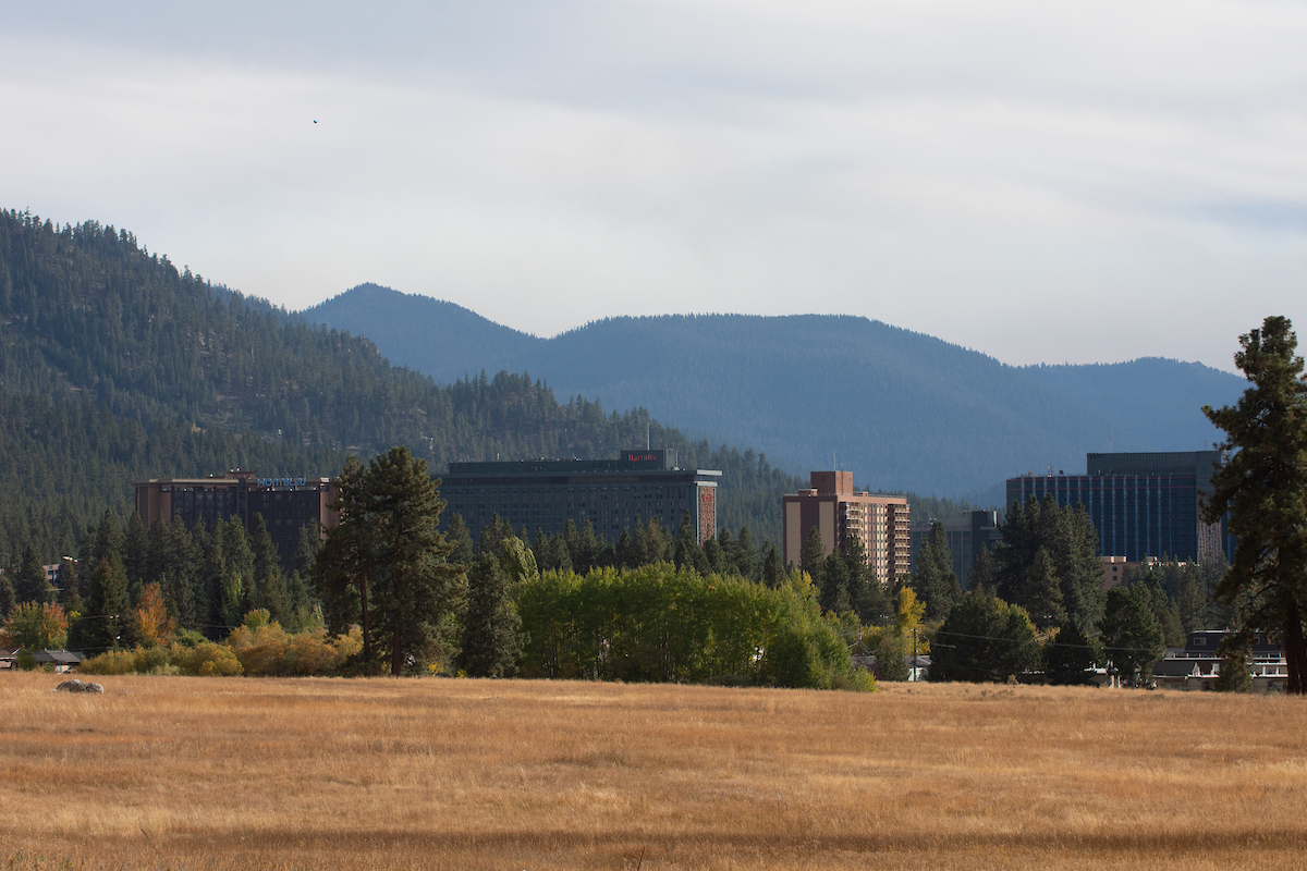 Casinos with mountains in the distance in South Lake Tahoe