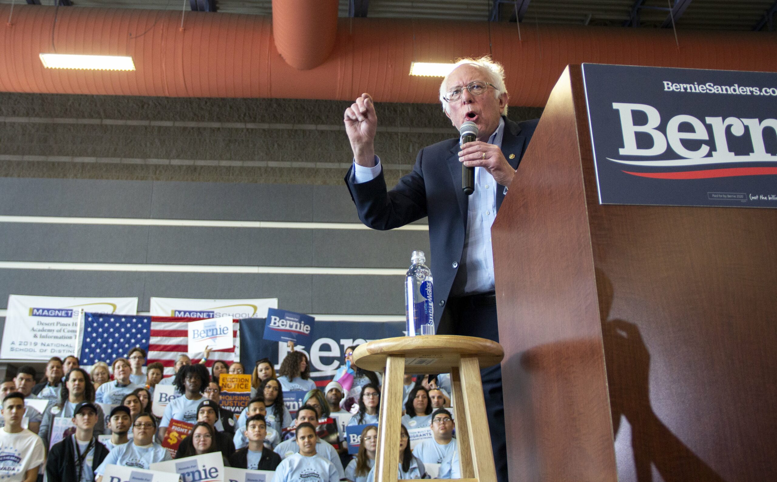 Vermont Sen. Bernie Sanders rallies his supporters on the first day of early voting at Desert Pines High School in Las Vegas