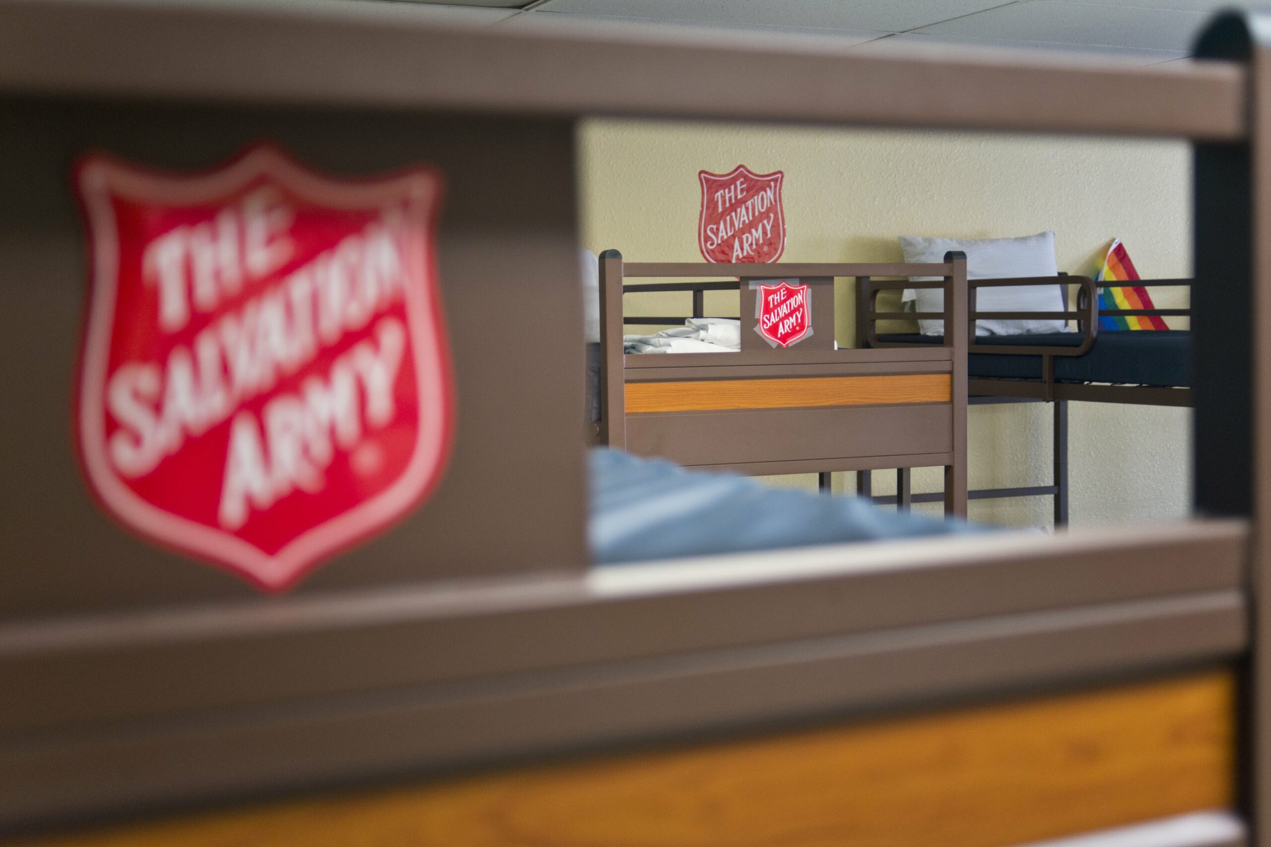 Salvation Army shield on bunk beds in the safety dorm