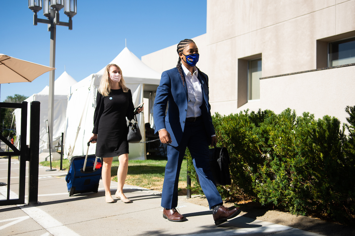 State Senators Dallas Harris, right, and Melanie Scheible arrive at the Legislature on Friday, July 31, 2020 during the first day of the 32nd Special Session of the Legislature in Carson City.