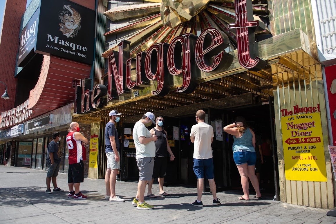 People waiting outside the Nugget casino in Reno