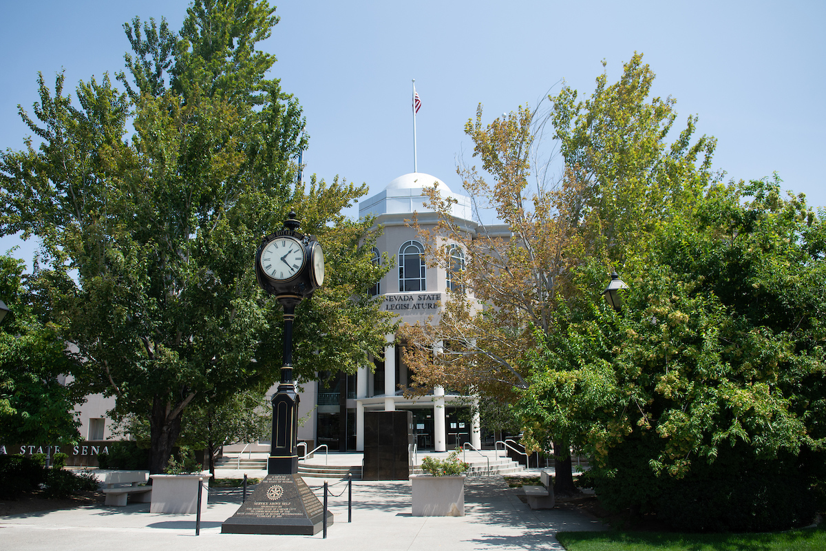 The front of the Nevada Legislature Building on a sunny day