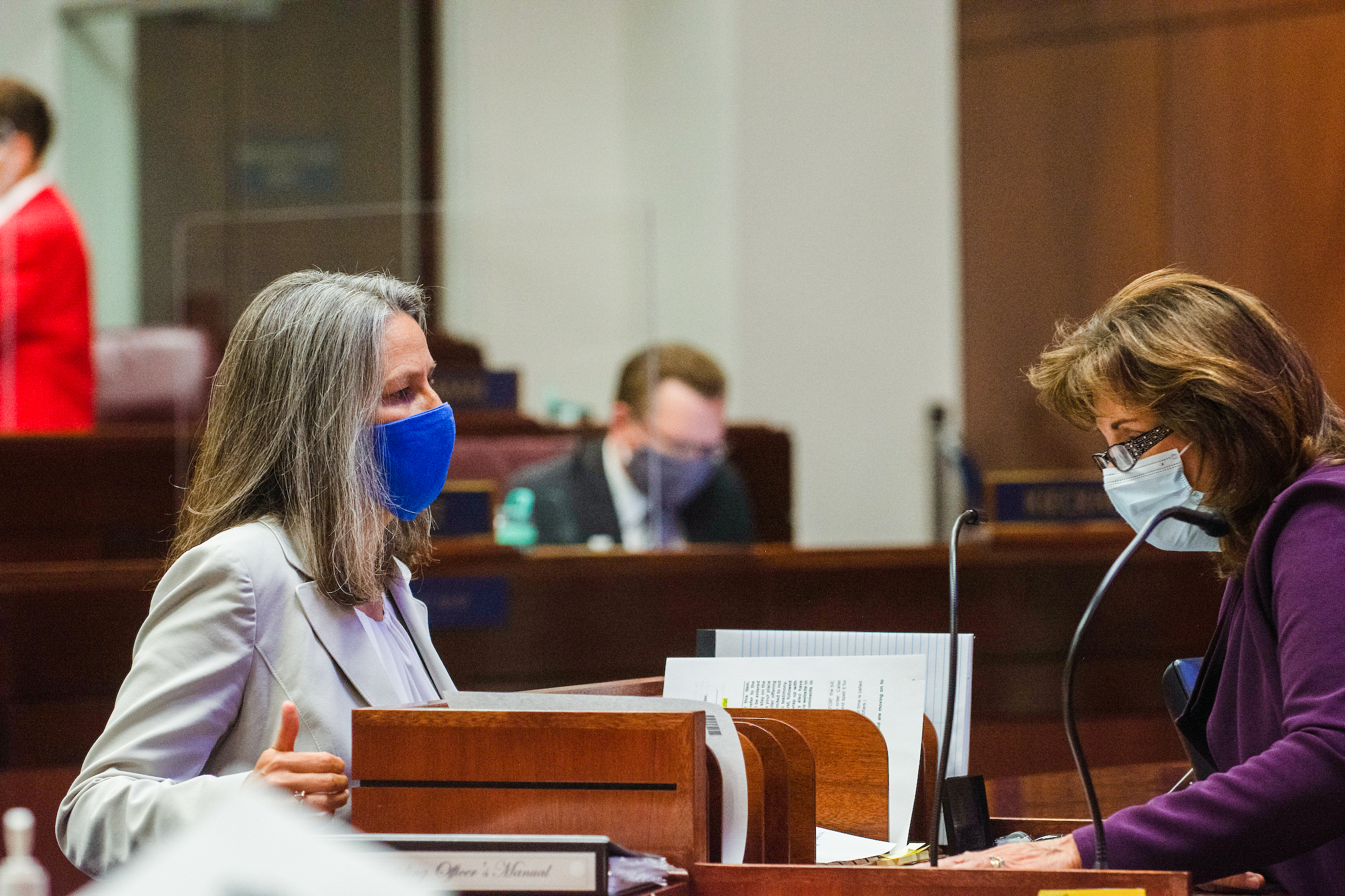 State Senator Julia Ratti speaks with Secretary of the Senate Claire Clift