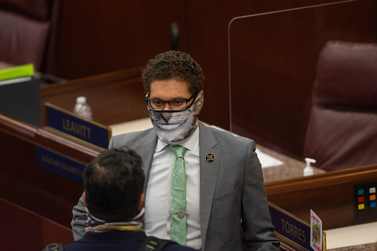 Assemblyman Howard Watts wearing a great sport coat and green tie while wearing an animal print face mask