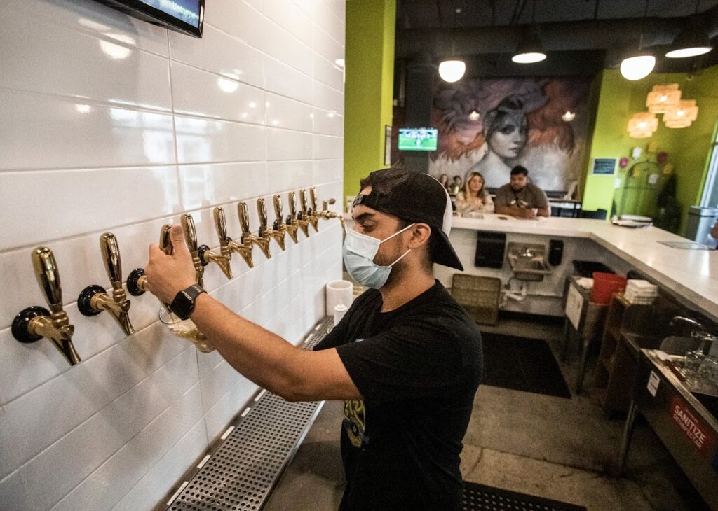 Man pours a beer into a glass a tap.