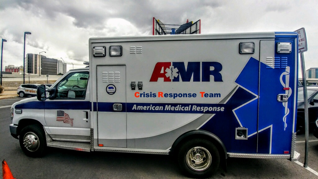 An American Medical Response Crisis Response Team vehicle