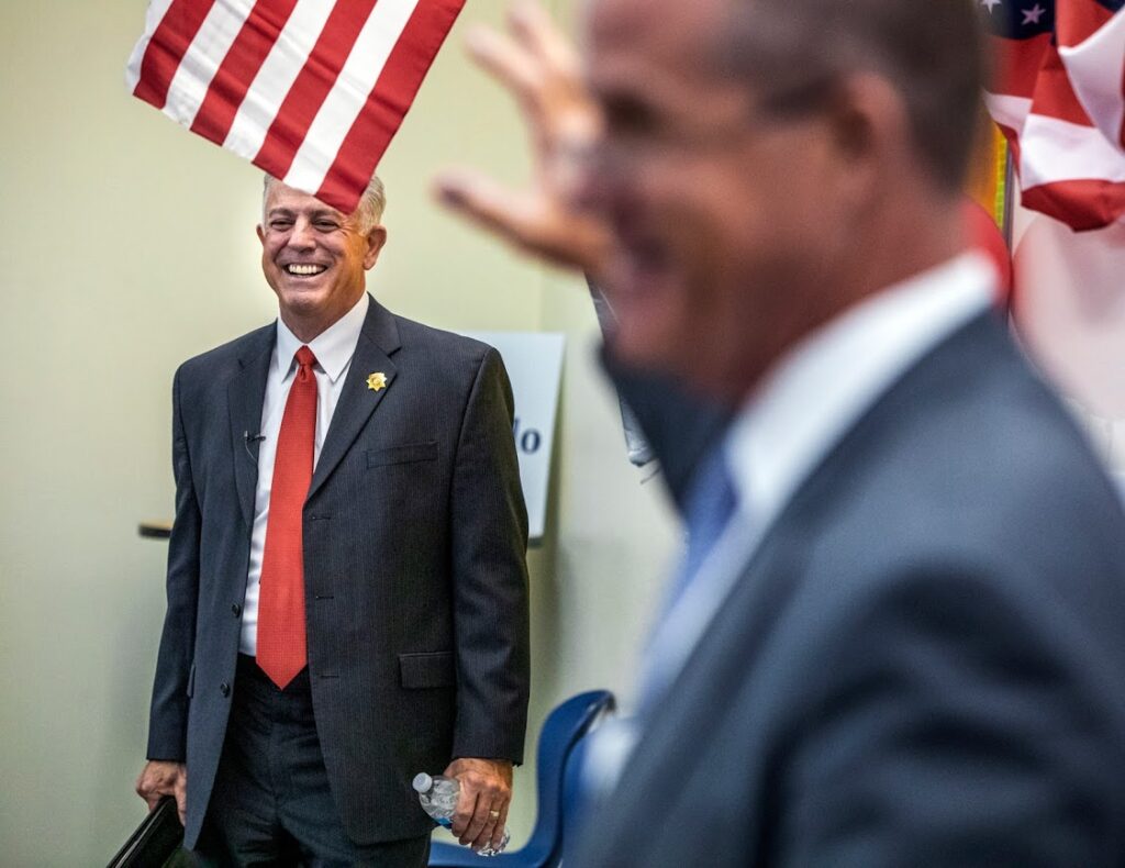 Newly elected sheriff Joe Lombardo,left, and his daughter Morgan