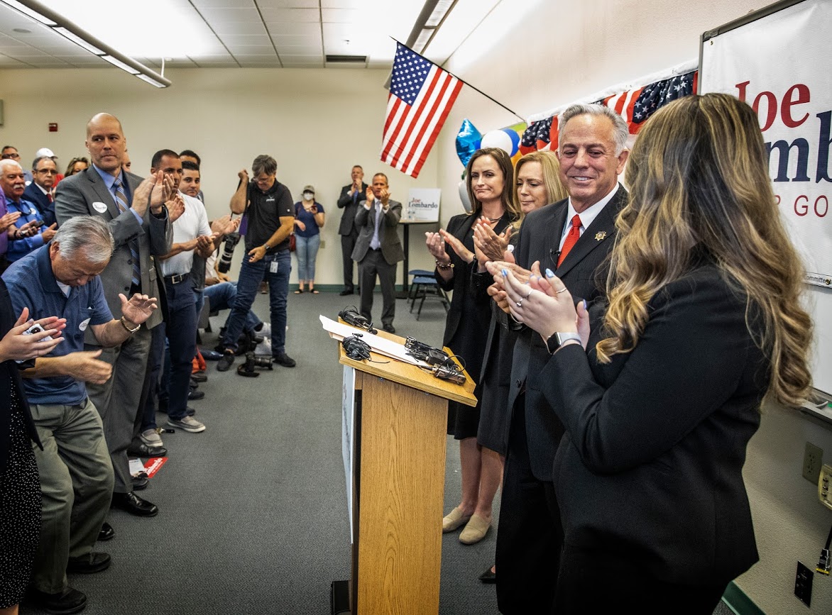 Newly elected sheriff Joe Lombardo,left, and his daughter Morgan