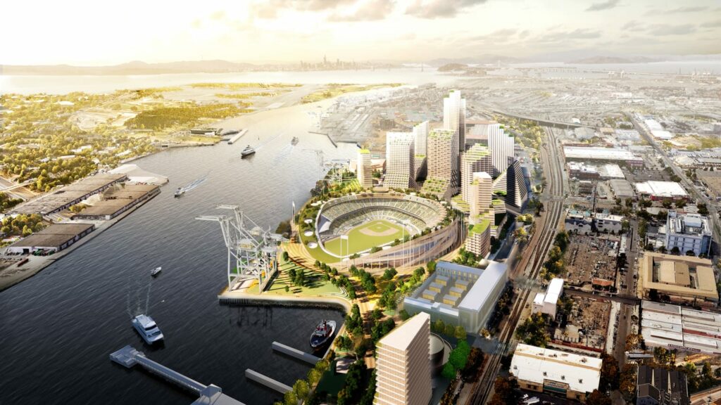 A rendering of the Oakland A's proposed waterfront stadium at the Howard Terminal in Oakland, California. (Rendering courtesy Oakland A's and Major League Baseball)