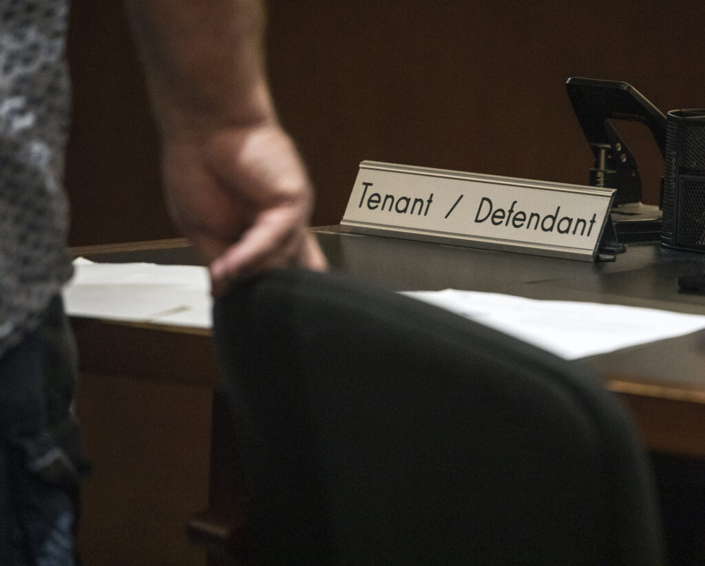 A tenant testifies during eviction court at Regional Justice Center on Thursday, Sept. 2, 2021. (Jeff Scheid/Nevada Independent).