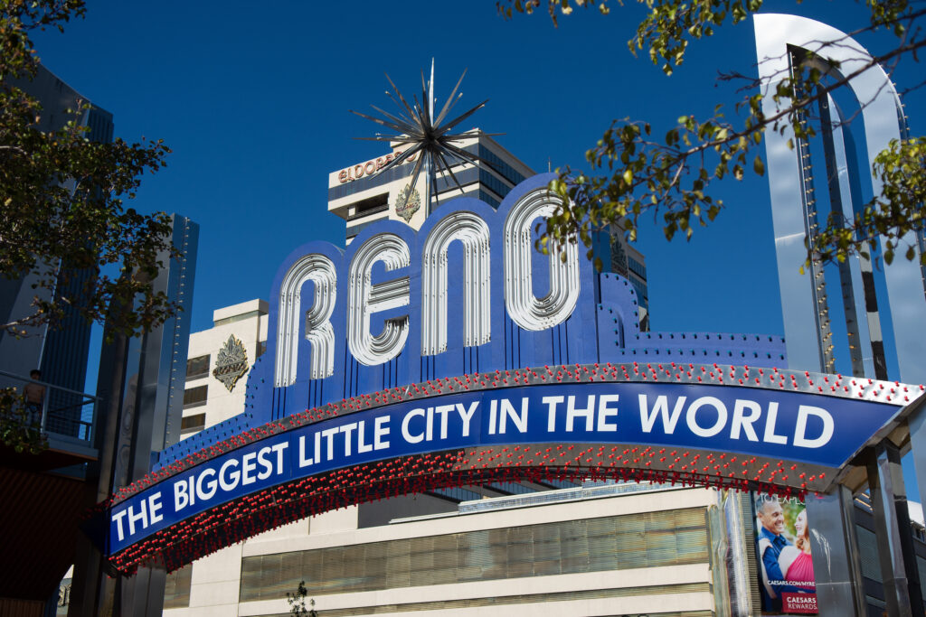 The Reno Arch in downtown Reno on Thursday, Oct. 28, 2021. (David Calvert/The Nevada Independent).