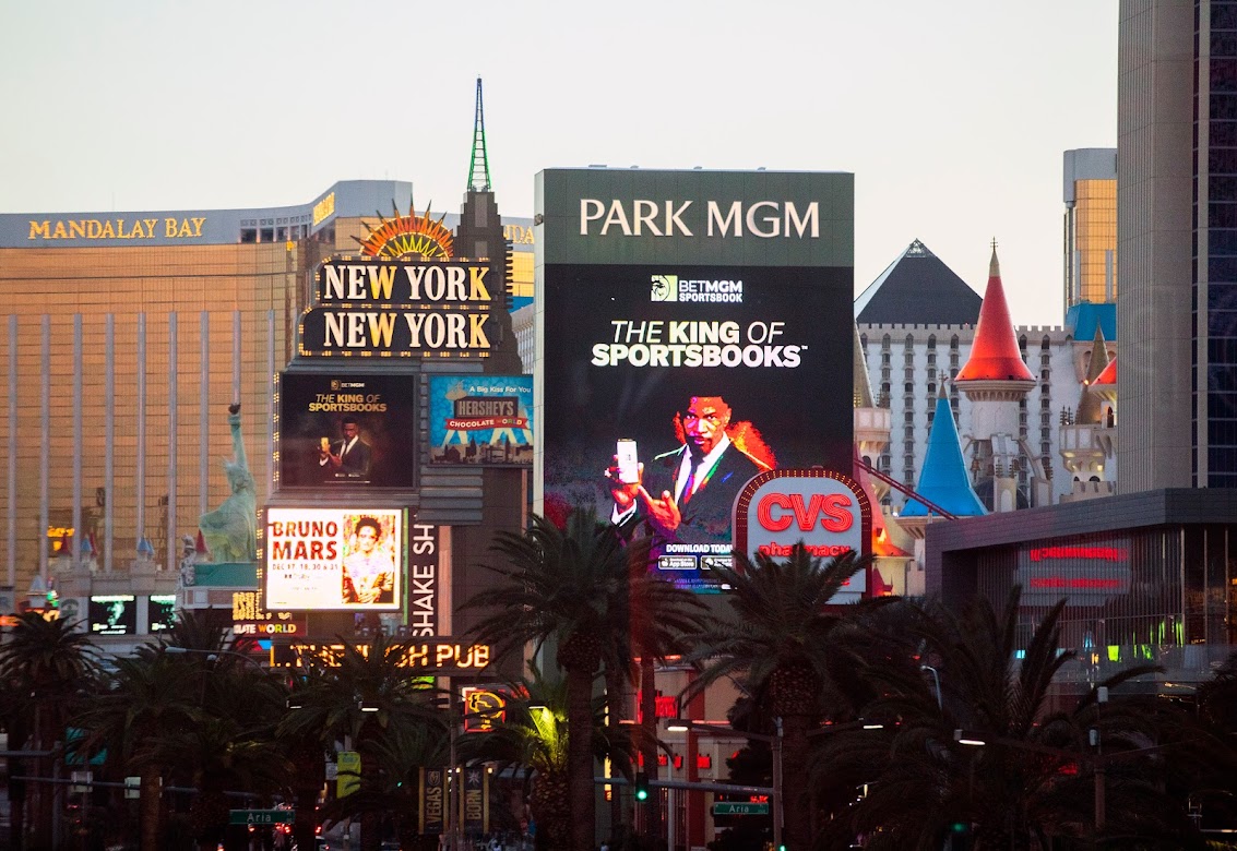 Casinos operated by MGM Resorts International, including Park MGM, New York-New York and Mandalay Bay, are seen on the south end of the Strip on Tuesday, Nov. 16, 2021. (Jeff Scheid/The Nevada Independent).
