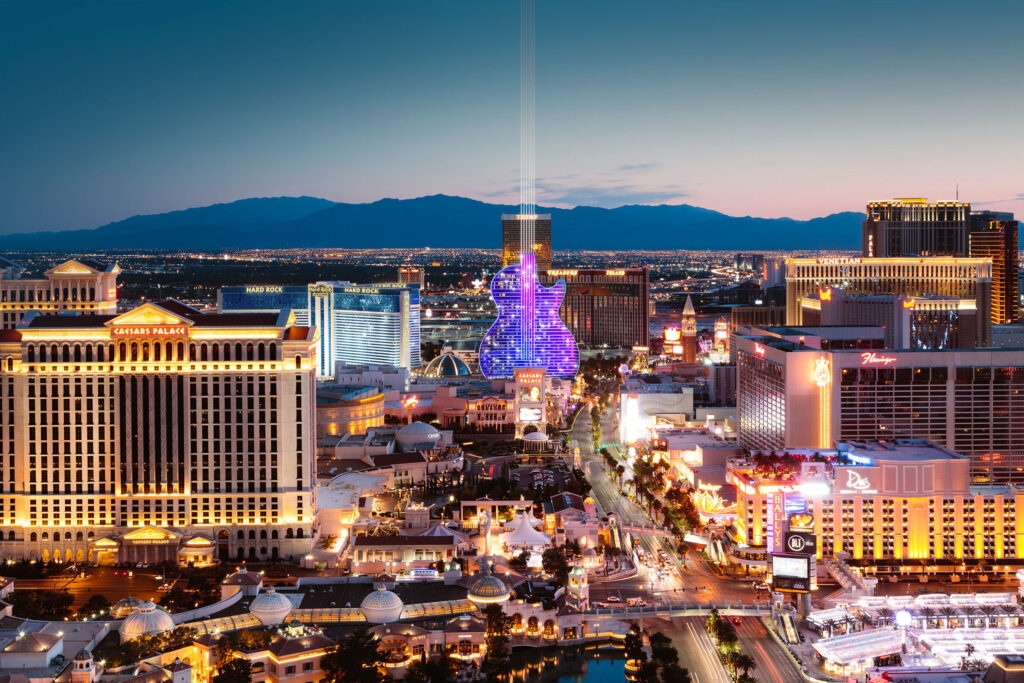 Blue sky view, from Bally's Sign overpass, Paris Resort Eiffel Tower  between Bally's and Cosmopolitan Hotels, Las Vegas Strip Stock Photo - Alamy