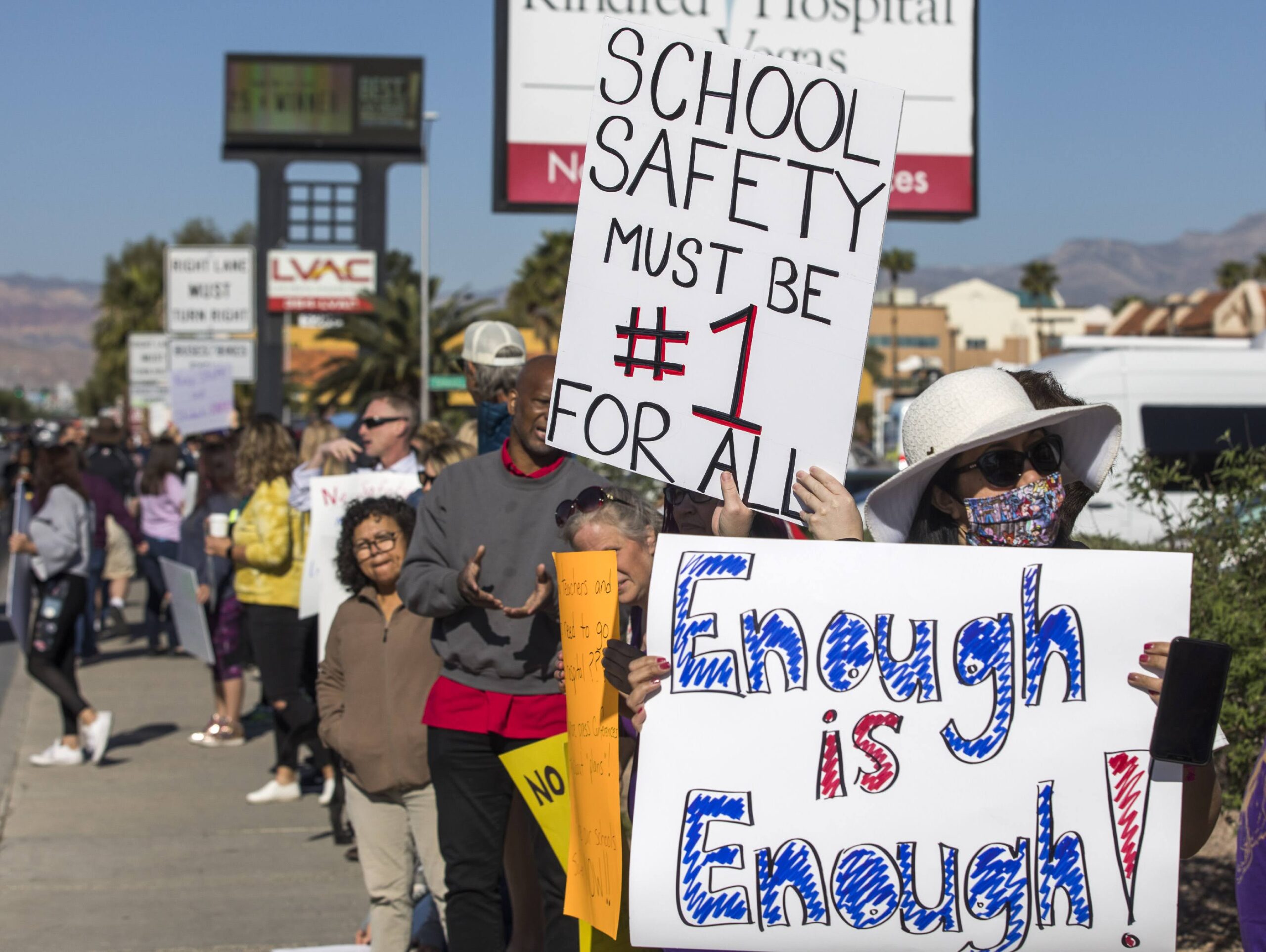 Protestors for school safety gather in front of the Clark County School District administration building, Wednesday, April 13, 2022, following a beating of an Eldorado High School teacher by a student. (Jeff Scheid/Nevada Independent).