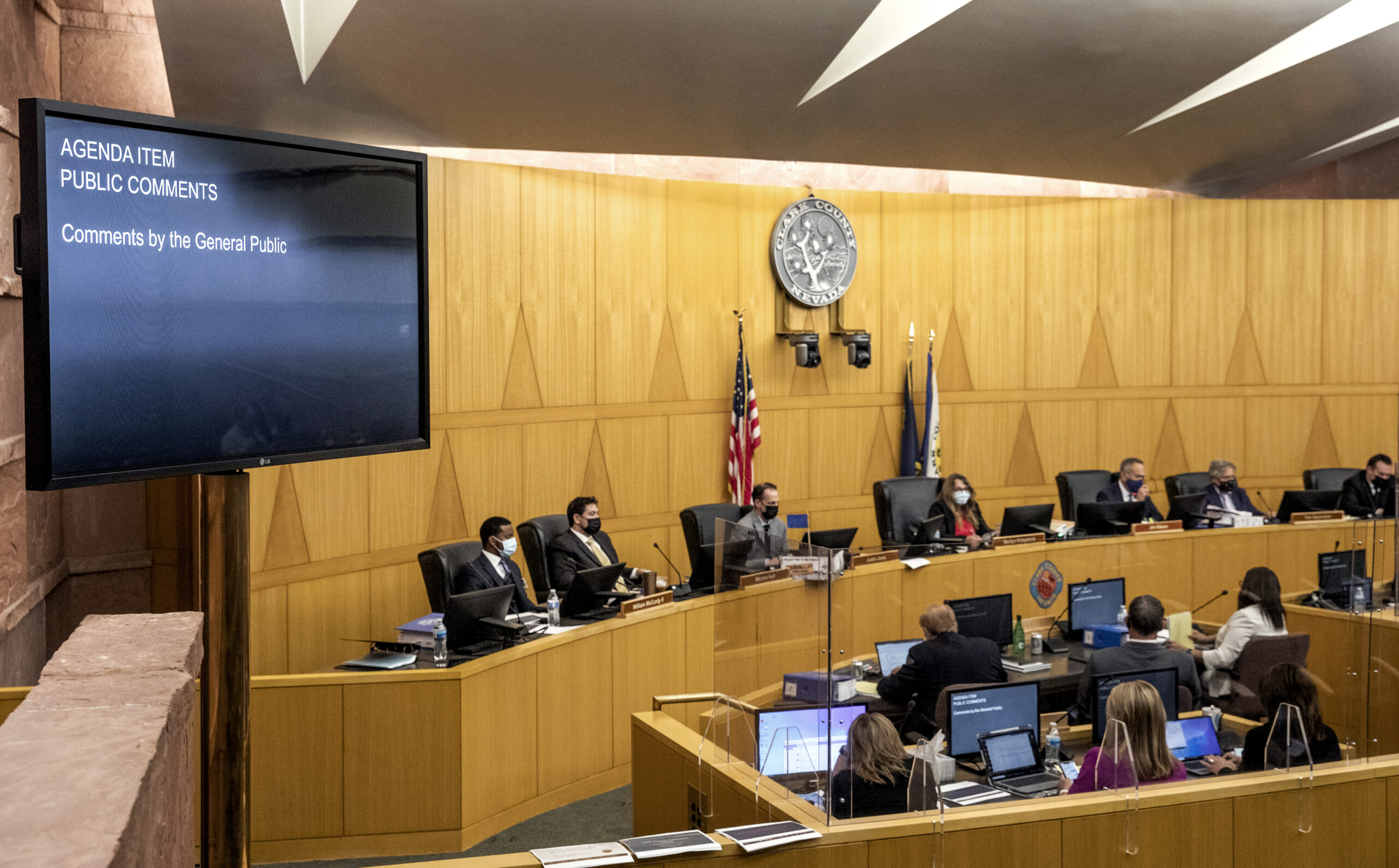 Clark County Commissioners during a meeting on Tuesday, Aug. 20, 2021. (Jeff Scheid/The Nevada Independent)