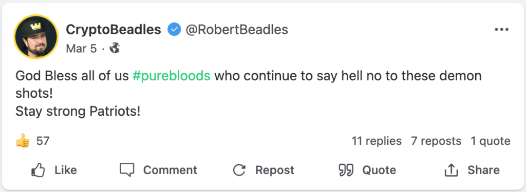 Gab post from Robert Beadles saying: "God bless all of us #purebloods who continue to say hell no to these demon shots!
Stay strong Patriots!"