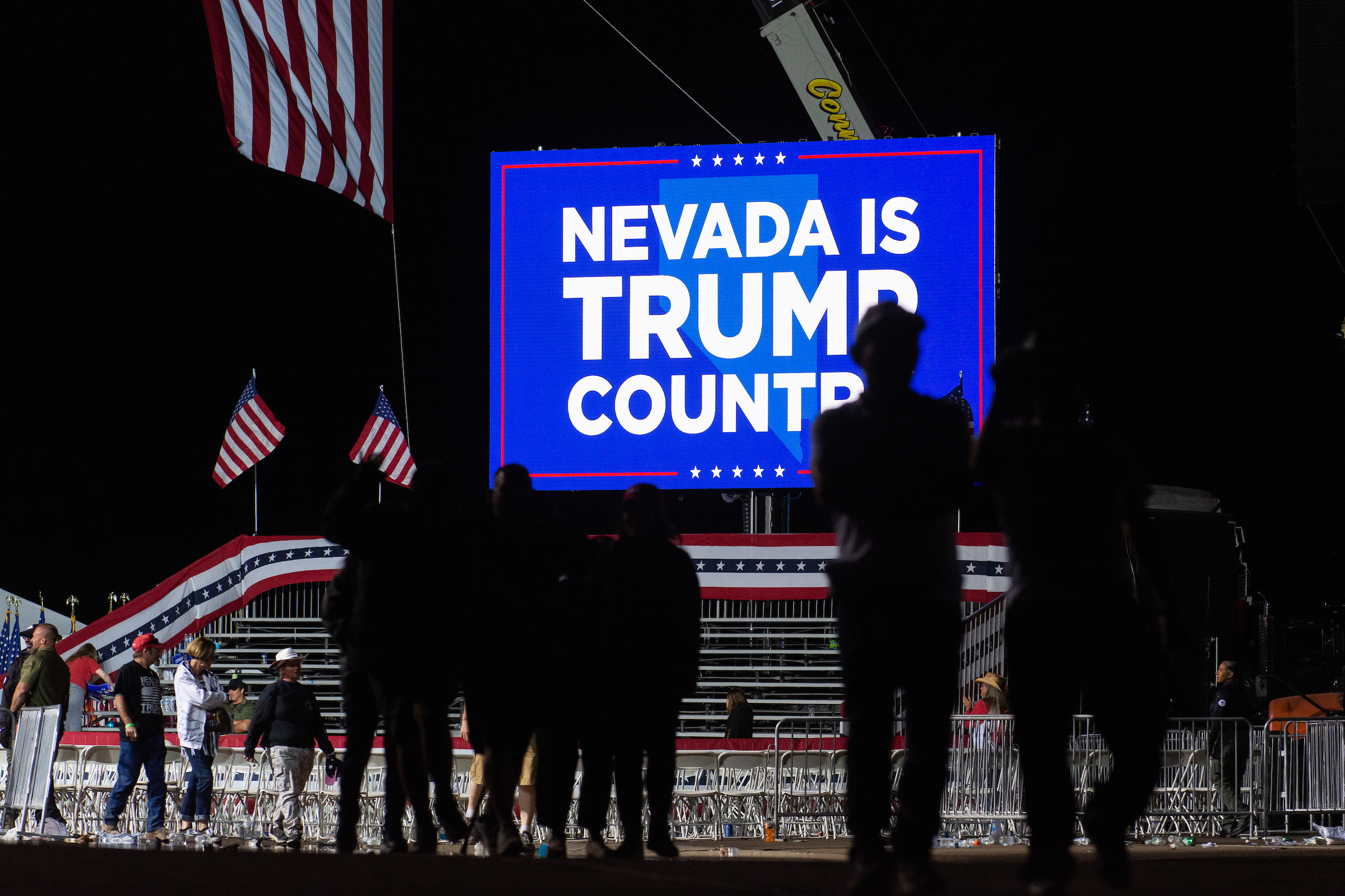 Supporters of former President Donald Trump leave a campaign rally at Minden-Tahoe Airport on October 8, 2022 in Minden. (David Calvert/The Nevada Independent).