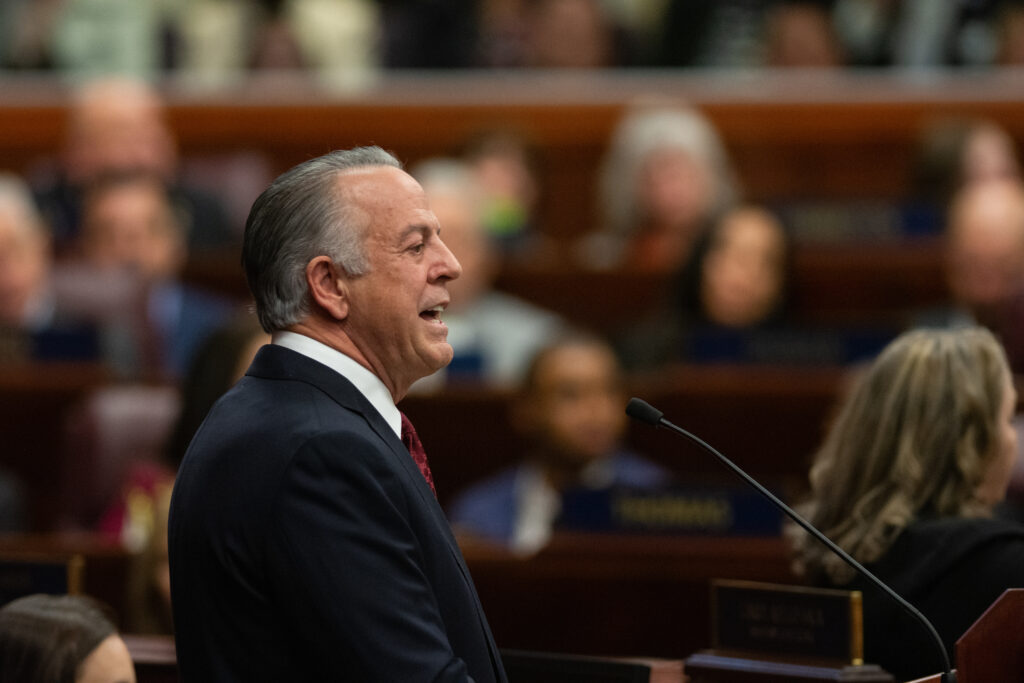 Gov. Joe Lombardo during his first State of the State inside the Assembly Chamber at the Legislature on Jan. 23, 2023. (David Calvert/The Nevada Independent)