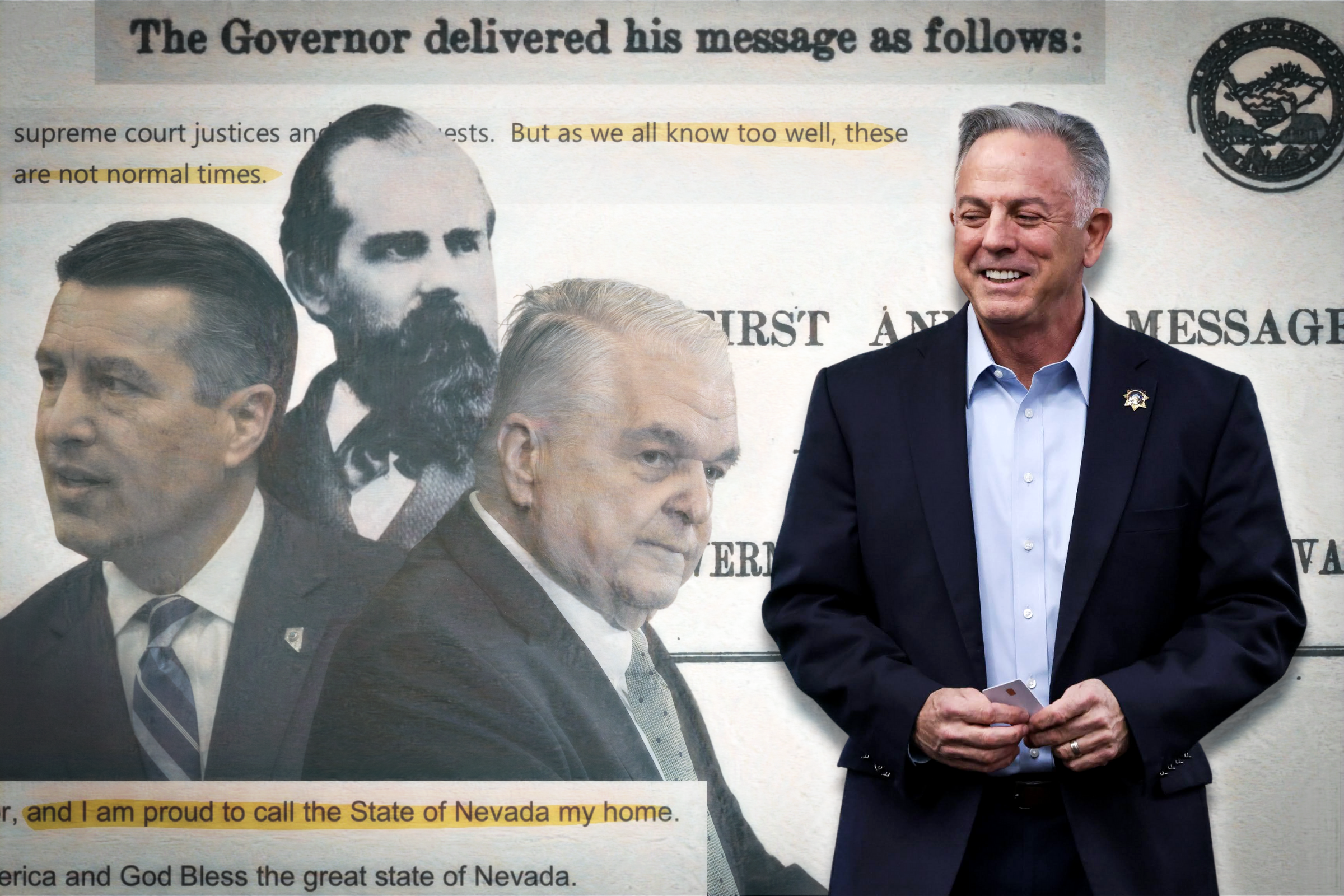 Gov. Joe Lombardo, right, along with former Nevada governors Brian Sandoval, Henry Blasdel and Steve Sisolak, are pictured along with text from historical state of the state addresses.