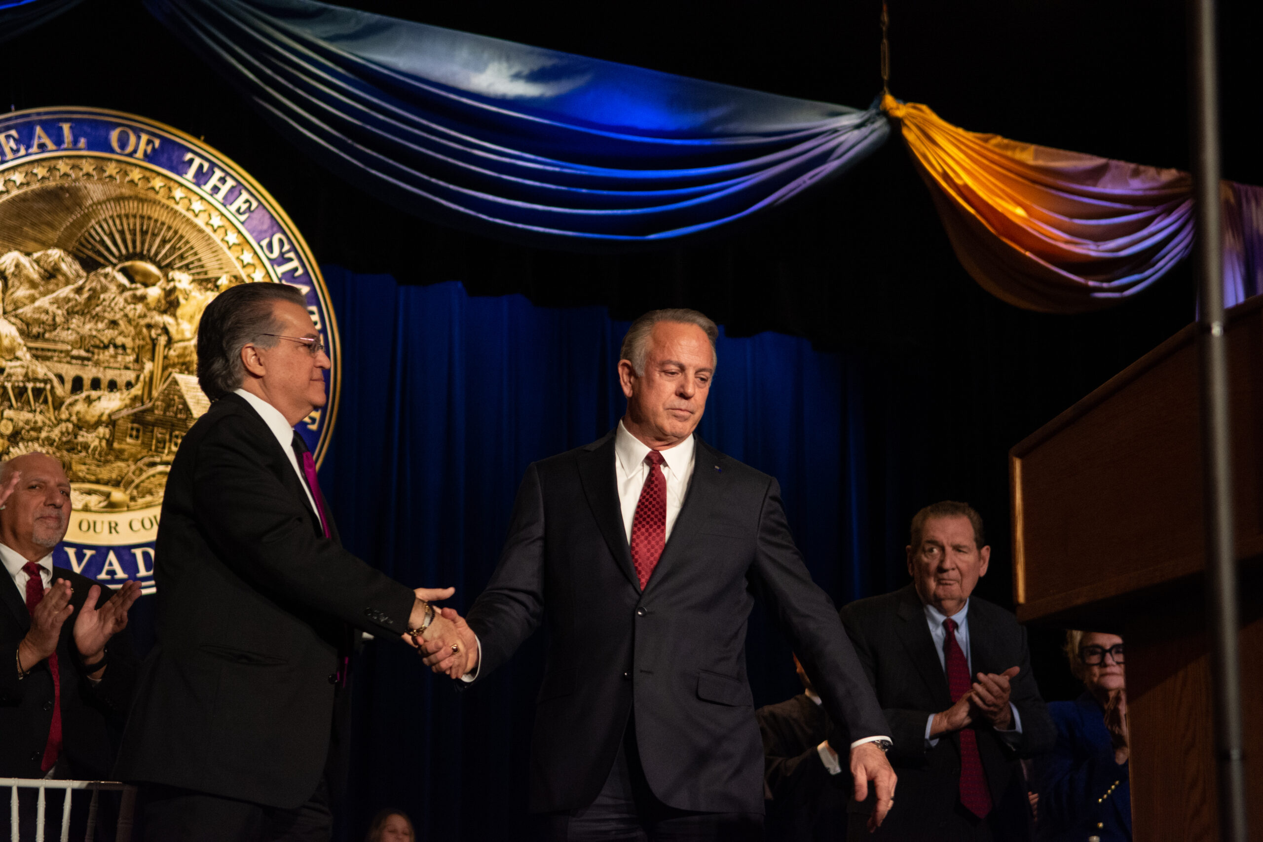 Gov. Joe Lombardo on stage before giving his inauguration speech on Jan. 3, 2023 at the Carson City Community Center. (David Calvert/The Nevada Independent)