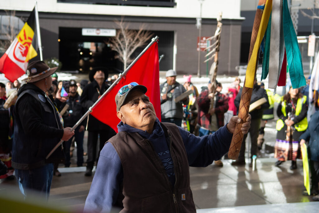 Protesters outside of the Bruce R. Thompson Courthouse and Federal Building in Reno during a demonstration against the Thacker Pass Lithium Mine on Jan. 5, 2023. (David Calvert/The Nevada Independent).