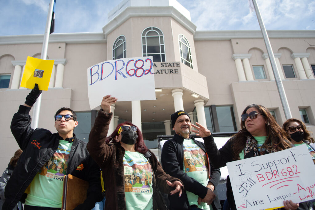 Activists with the Nevada Environmental Justice Coalition outside the Legislature in Carson City on Monday, March 6, 2022. (David Calvert/The Nevada Independent)