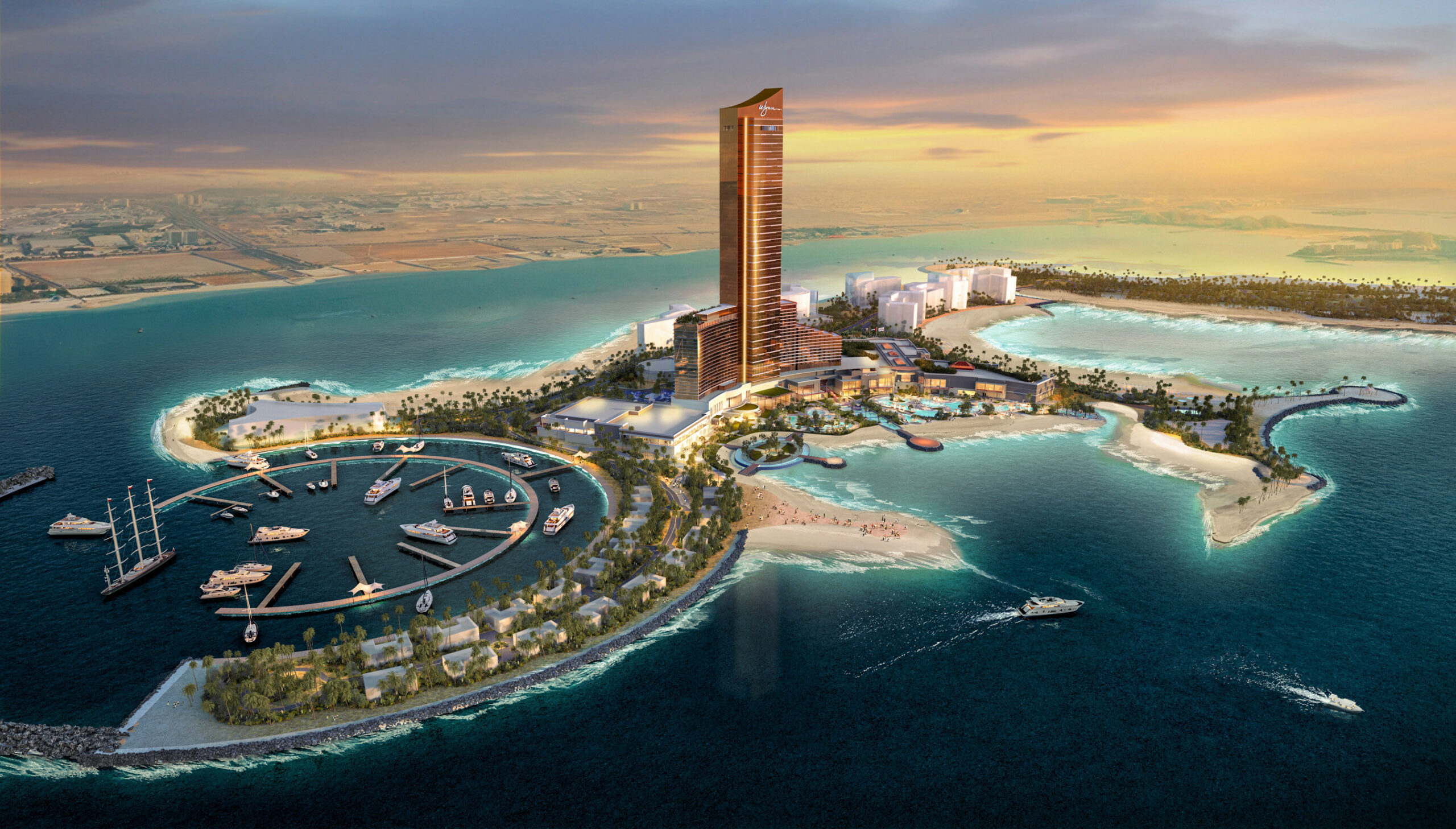 Rendering provides a view of the planned $3.9 billion Wynn Al Marjan Island in the United Arab Emirates. The project is expected to open in 2027. (Photo courtesy of Wynn Resorts).